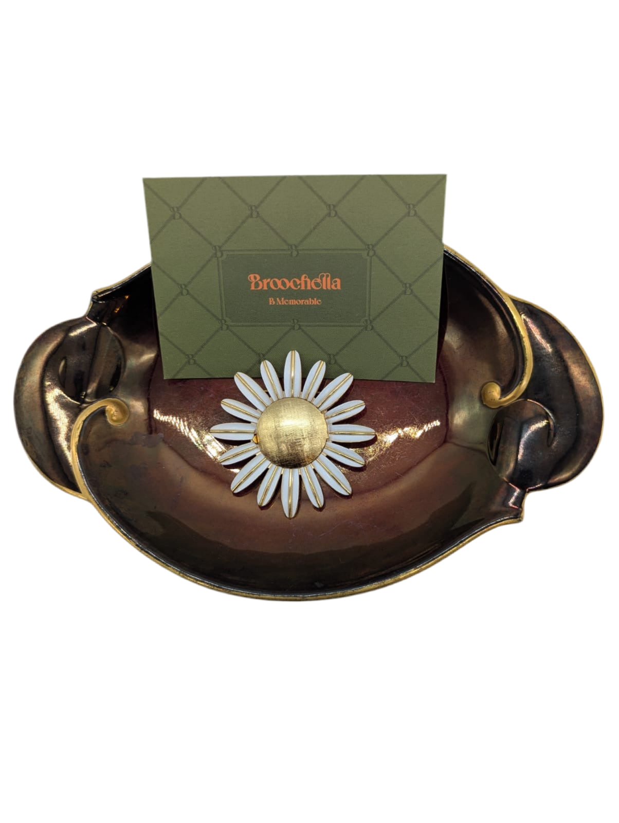 Broochella Mezzogiorno Vintage sun flower brooch pin gold tone metal white enamel men's women's designer luxury