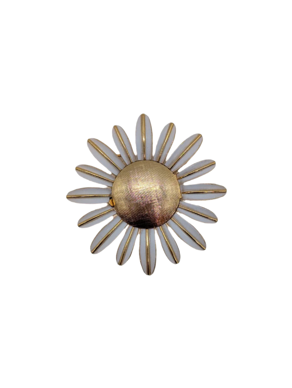 Broochella Mezzogiorno Vintage sun flower brooch pin gold tone metal white enamel men's women's designer luxury