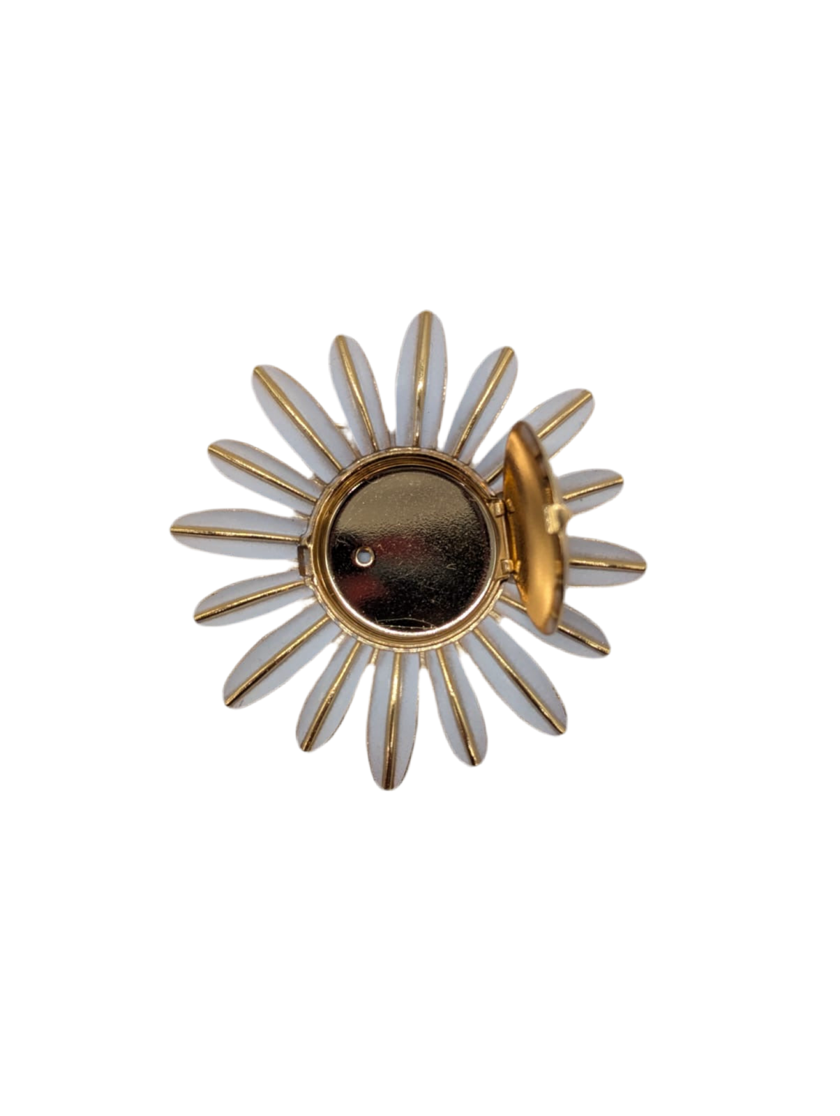 Broochella Mezzogiorno Vintage sun flower brooch pin gold tone metal white enamel men's women's designer luxury