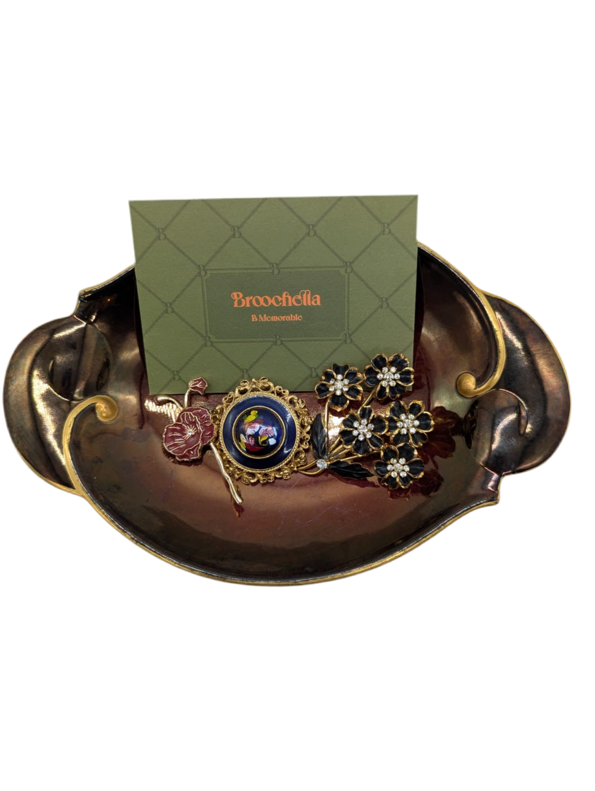 Broochella Fioritura Nera vintage brooch pin set trio gold tone flower enamel  luxury women’s men’s 