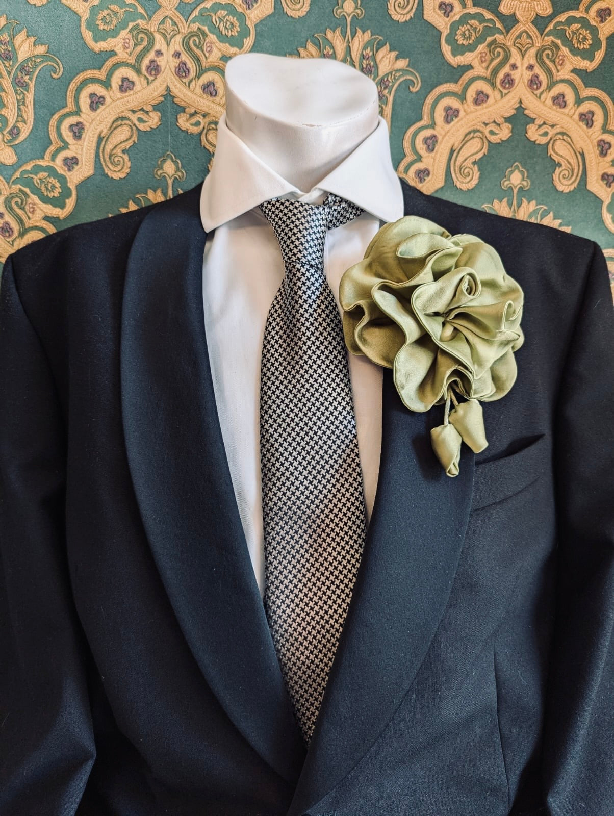 Broochella Men’s Rosetta flower brooch pin silk satin handmade luxury designer avocado green 