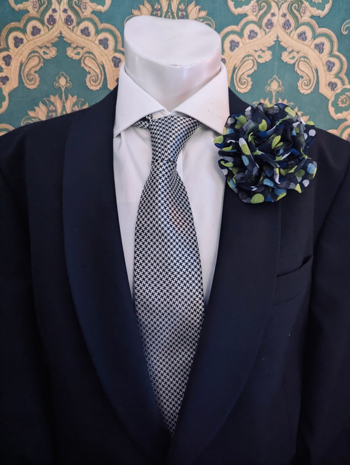 Broochella Men’s brassica flower brooch pin navy spot polka dot handmade designer luxury 
