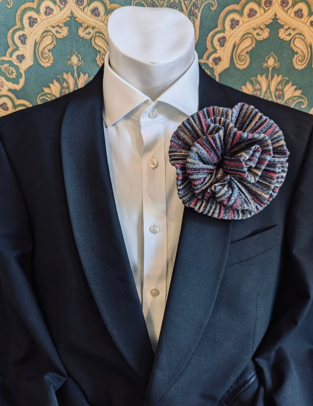 Broochella Wonka brooch metallic stripe flower handmade luxury designer men's women's pink