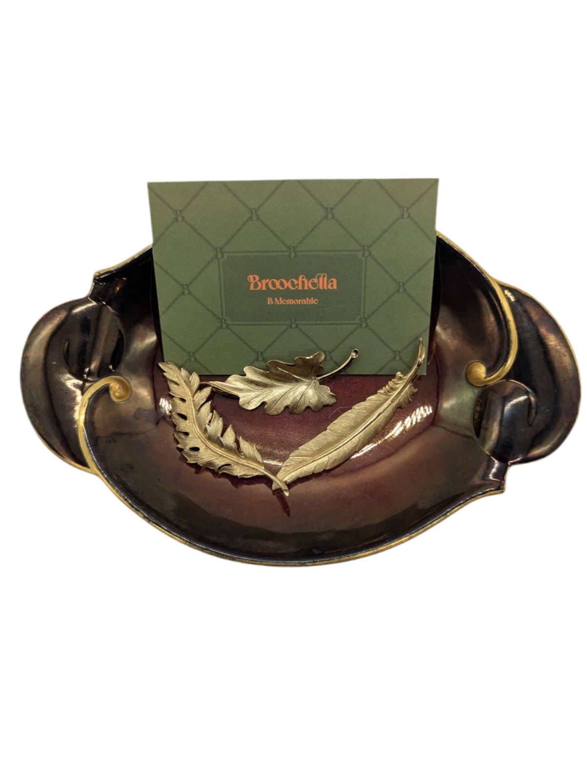 Broochella Foglia d’Oro vintage trio leaf set brooch pin gold tone metal luxury designer men’s women’s 