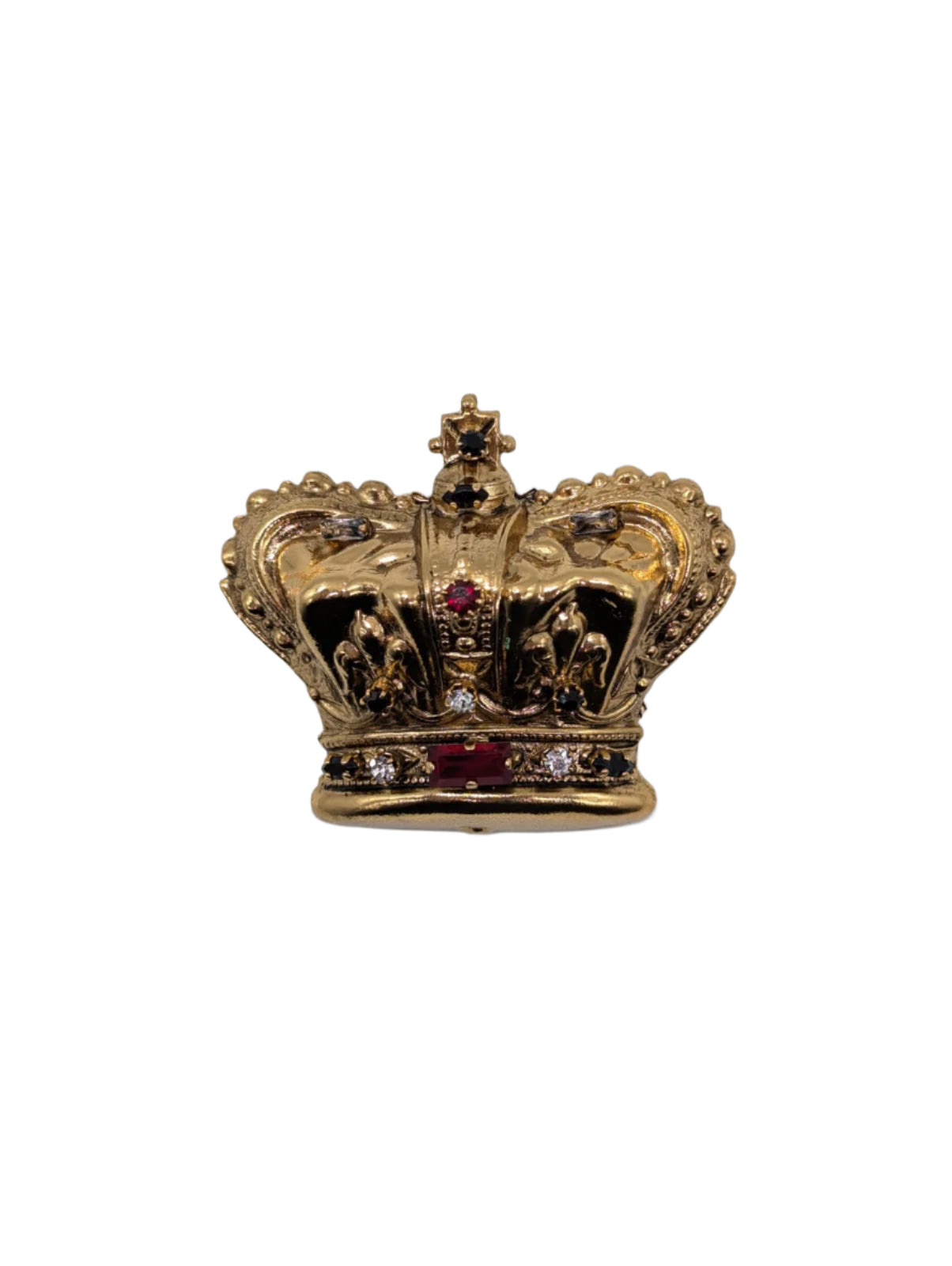 Broochella Men's Regina Crown brooch pin Sacro Cuore gold tone metal red crystal embellishment luxury designer