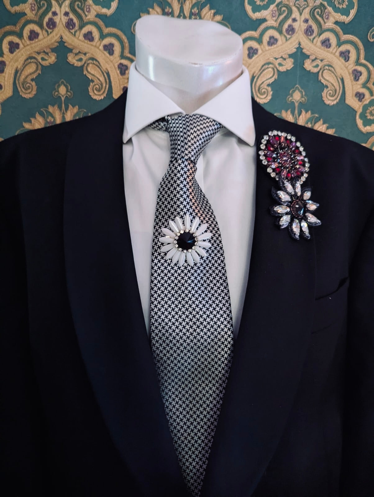 Broochella Men's Flower brooch pin trio  set hand beaded crystal white red crystal handmade luxury designer 