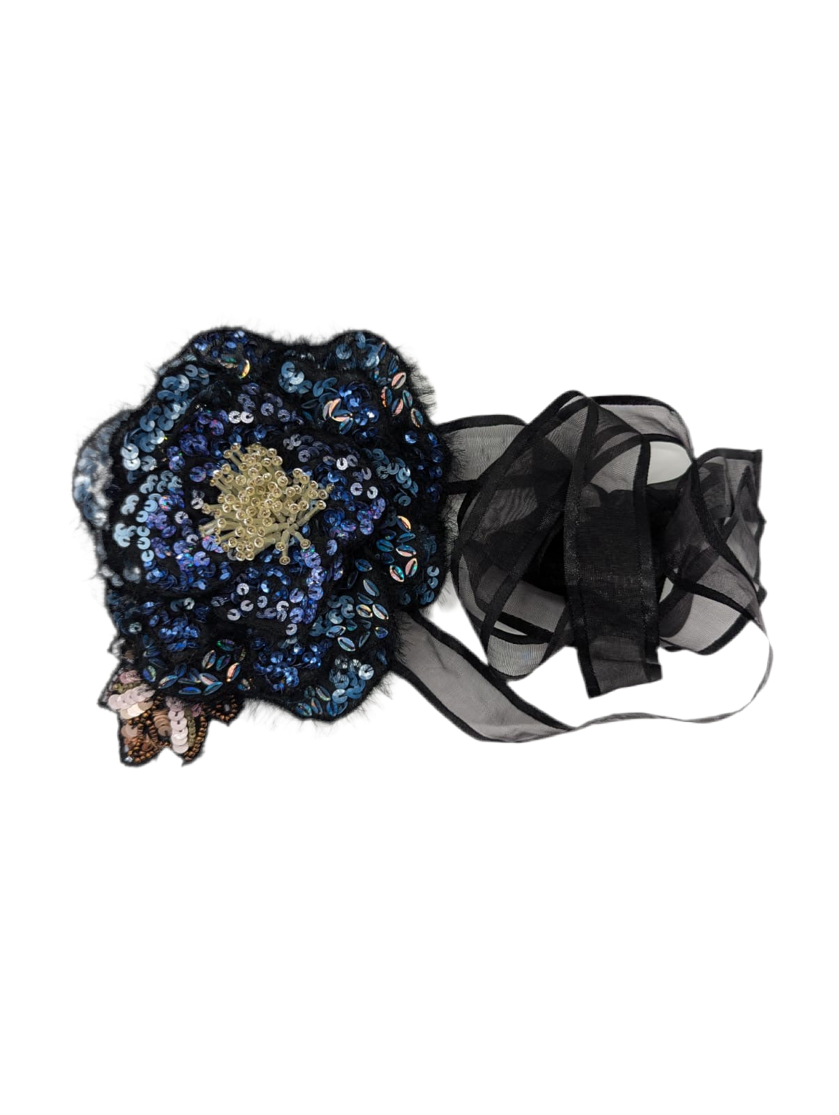 Broochella Luminosa flower choker brooch pin small blue black hand beaded sequin handmade designer luxury women’s 
