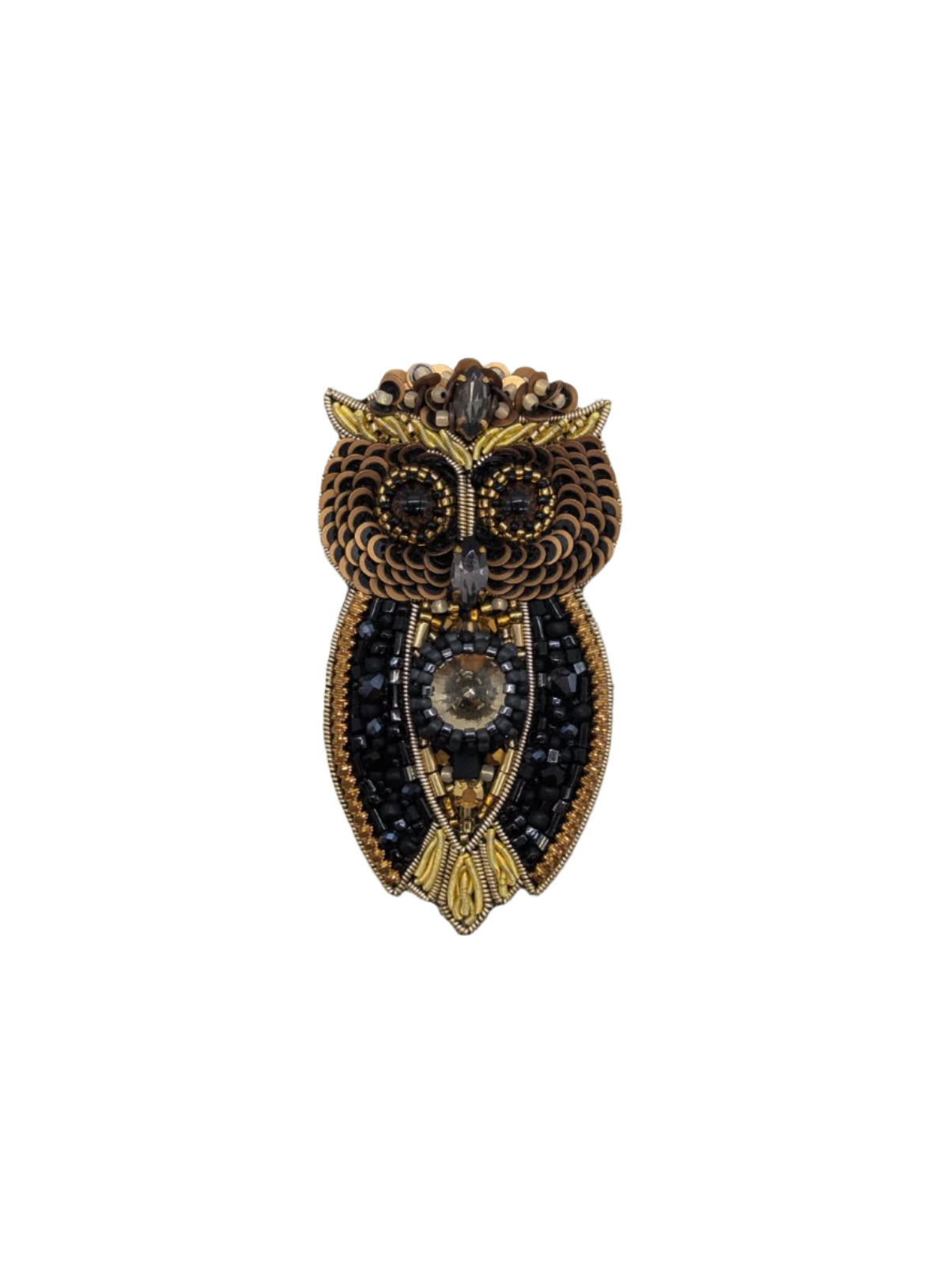 Broochella Men's Owl brooch pin gold black hand beaded sequin crystal handmade luxury designer 