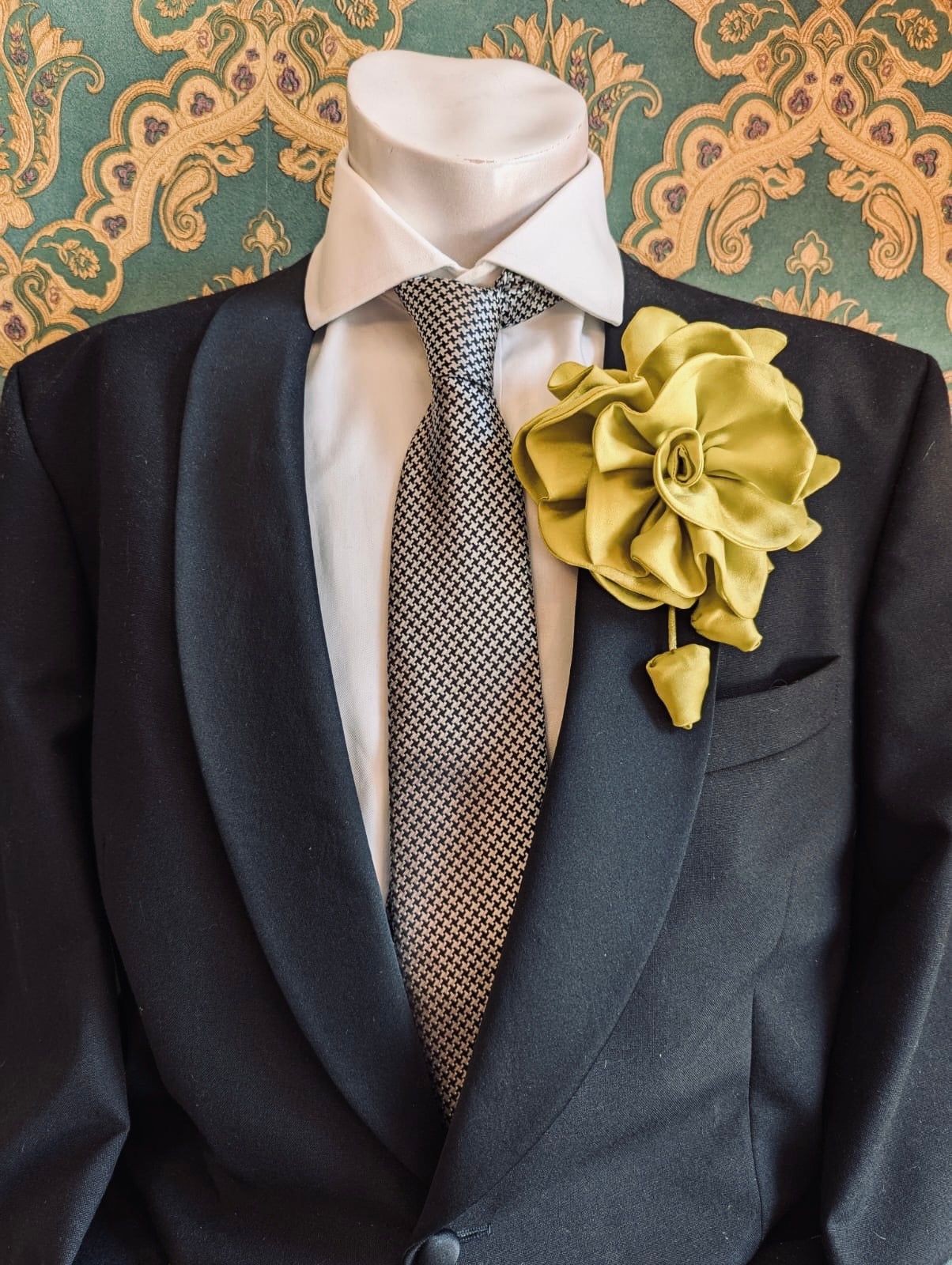 Broochella Men’s Rosetta flower brooch pin silk satin handmade luxury designer chartreuse 
