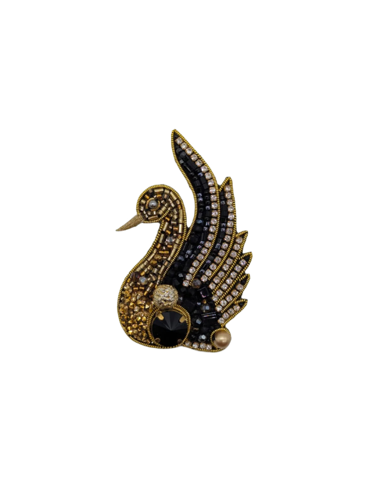 Broochella Men's Swan brooch pin gold black hand beaded sequin crystal embellishment handmade luxury designer 