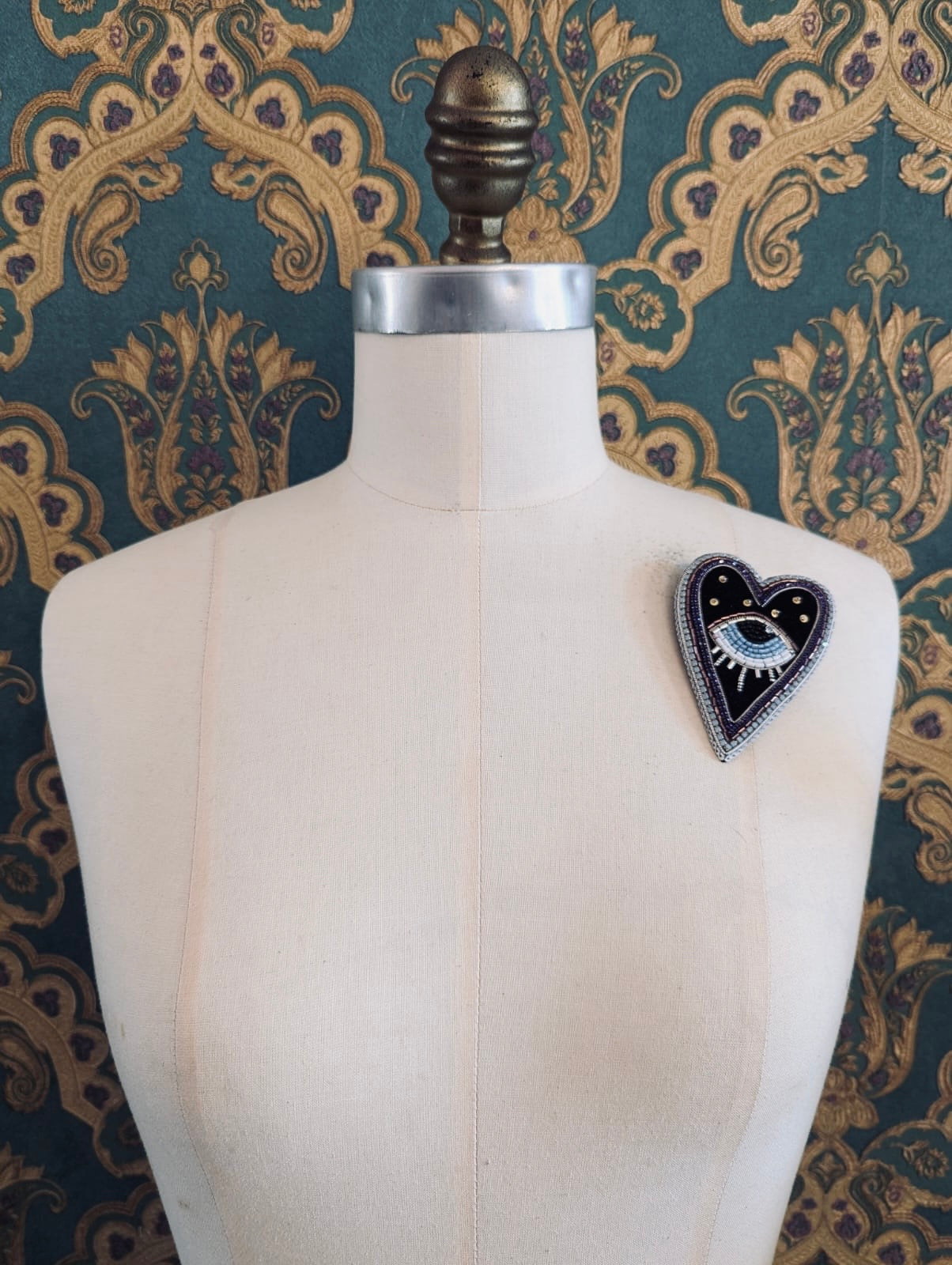 Broochella Occhio del Cuore evil eye brooch pin handmade hand beaded purple silver luxury designer men's women's 