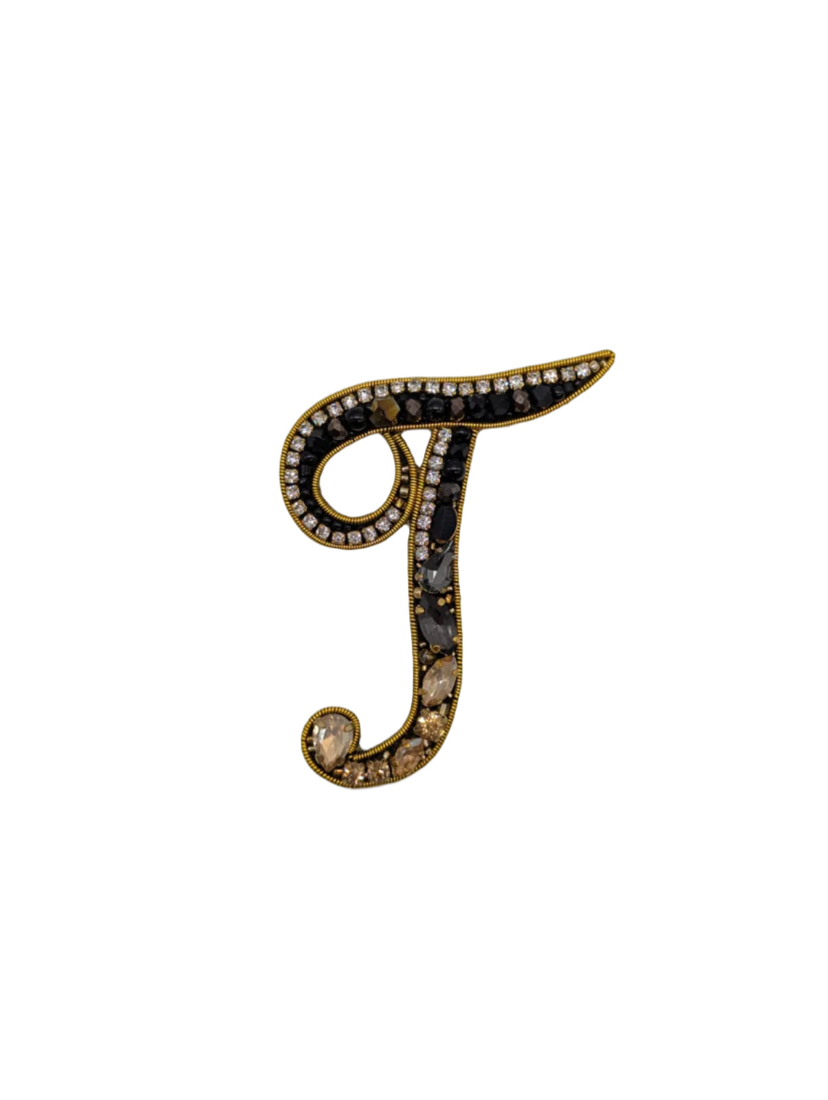 Broochella Men's Initial Alphabet brooch pin gold black hand beaded sequin crystal  handmade designer luxury T