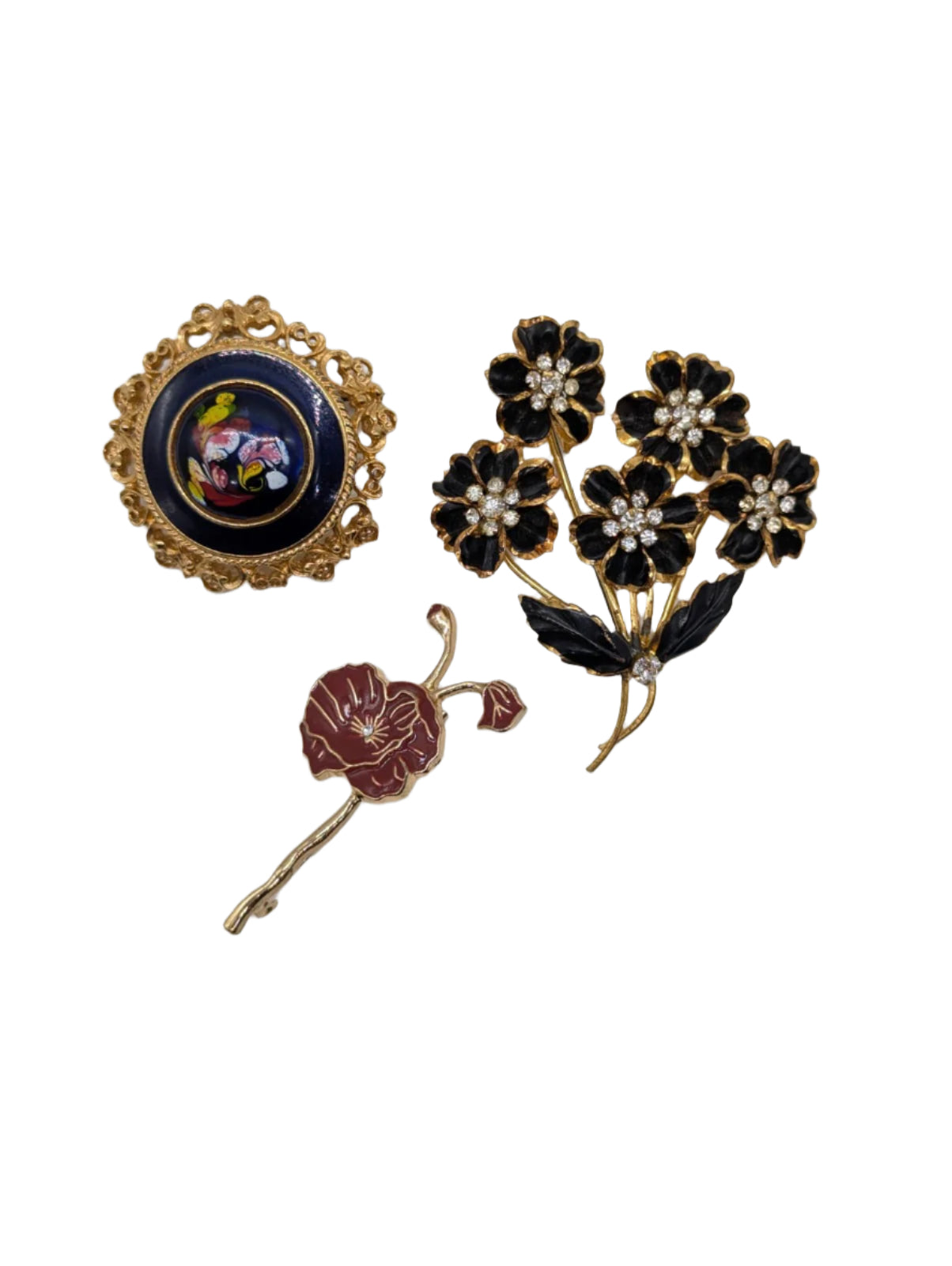 Broochella Fioritura Nera vintage brooch pin set trio gold tone enamel flower luxury women’s men’s 
