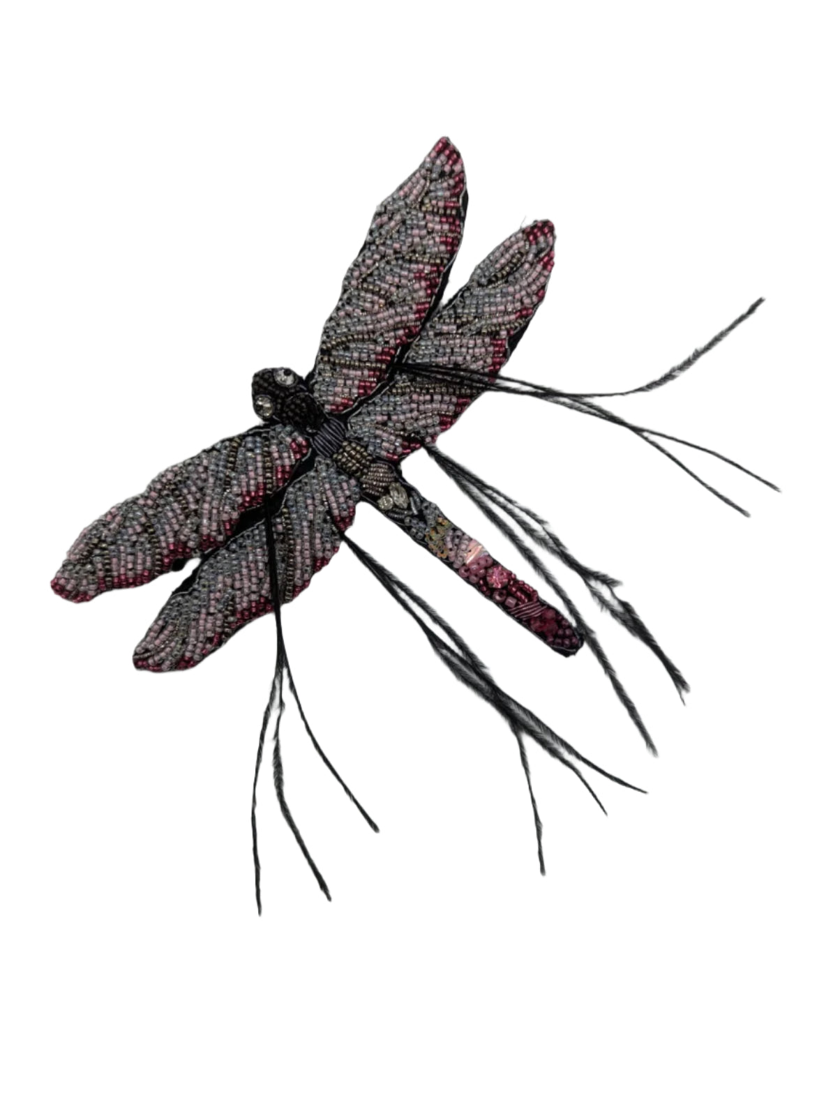 Broochella Men's dragonfly brooch pin pink black fethers hand beaded luxury designer 