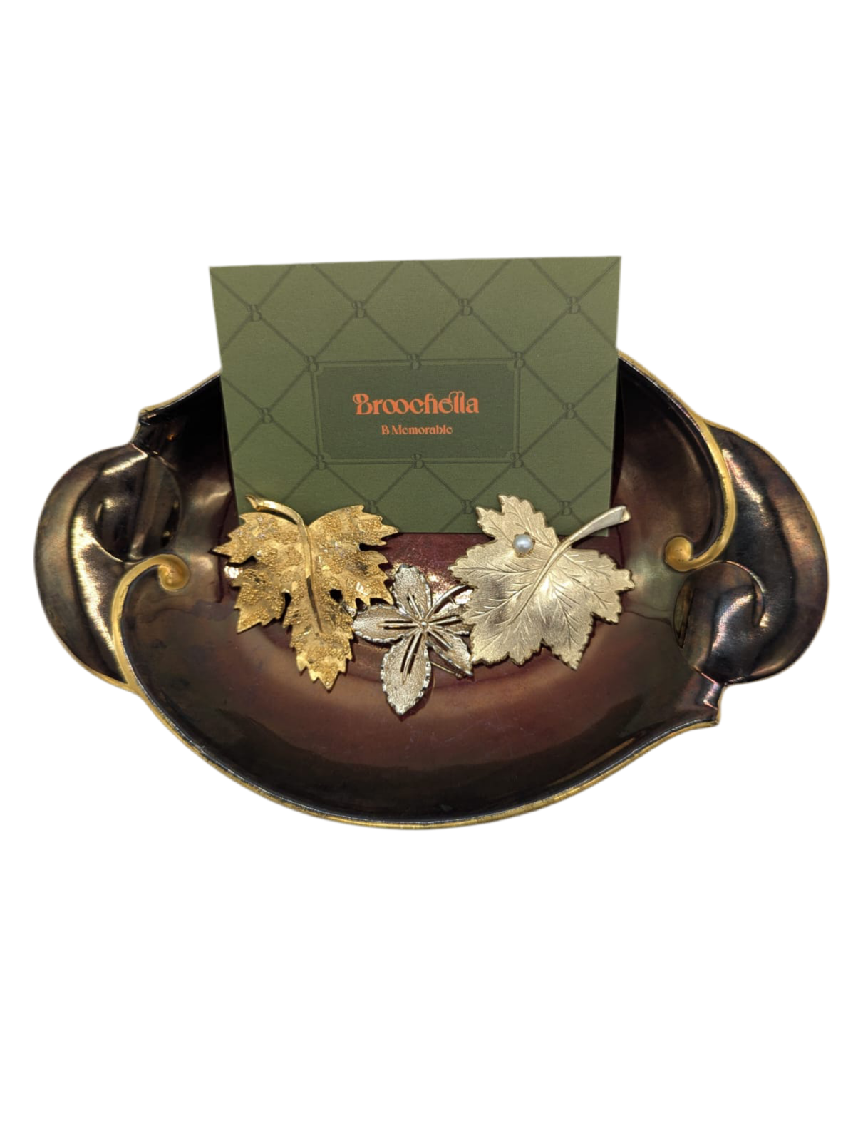 Broochella Foglia d’Oro collection vintage brooch pin set trio leaf gold tone metal men’s women’s luxury designer 