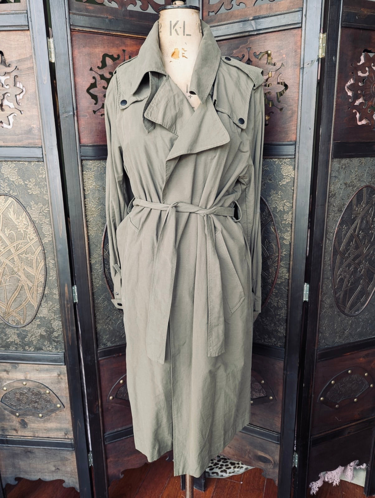 John + Jenn Longline Green Trench Coat- Small women's luxury designer green khaki