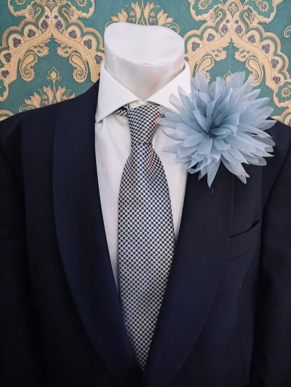 Broochella Men's Dahila flower brooch pin organza handmade luxury designer sky blue