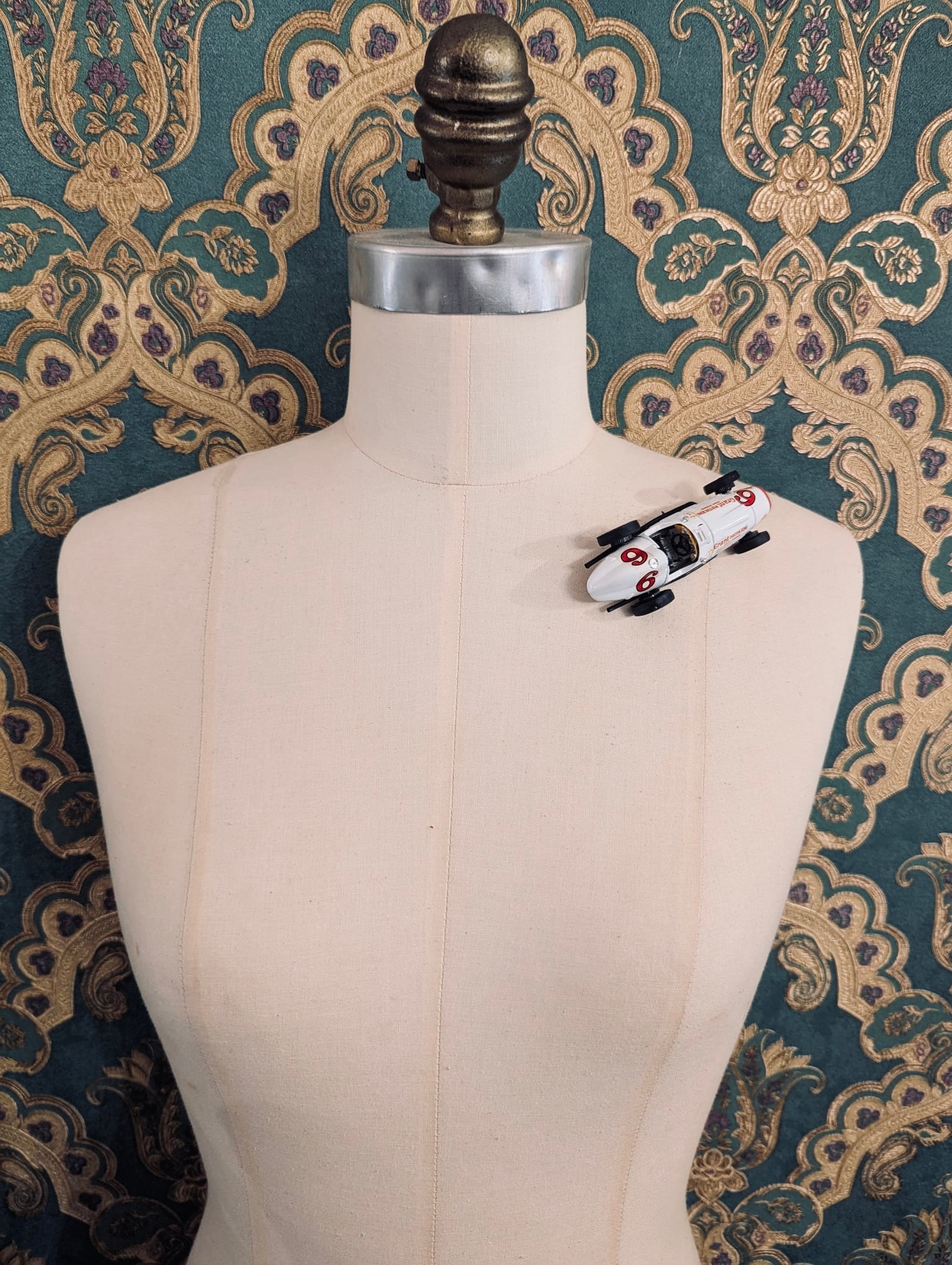 Broochella Bianca number six vintage white Grand Prix racing car brooch pin metal women’s men’s designer