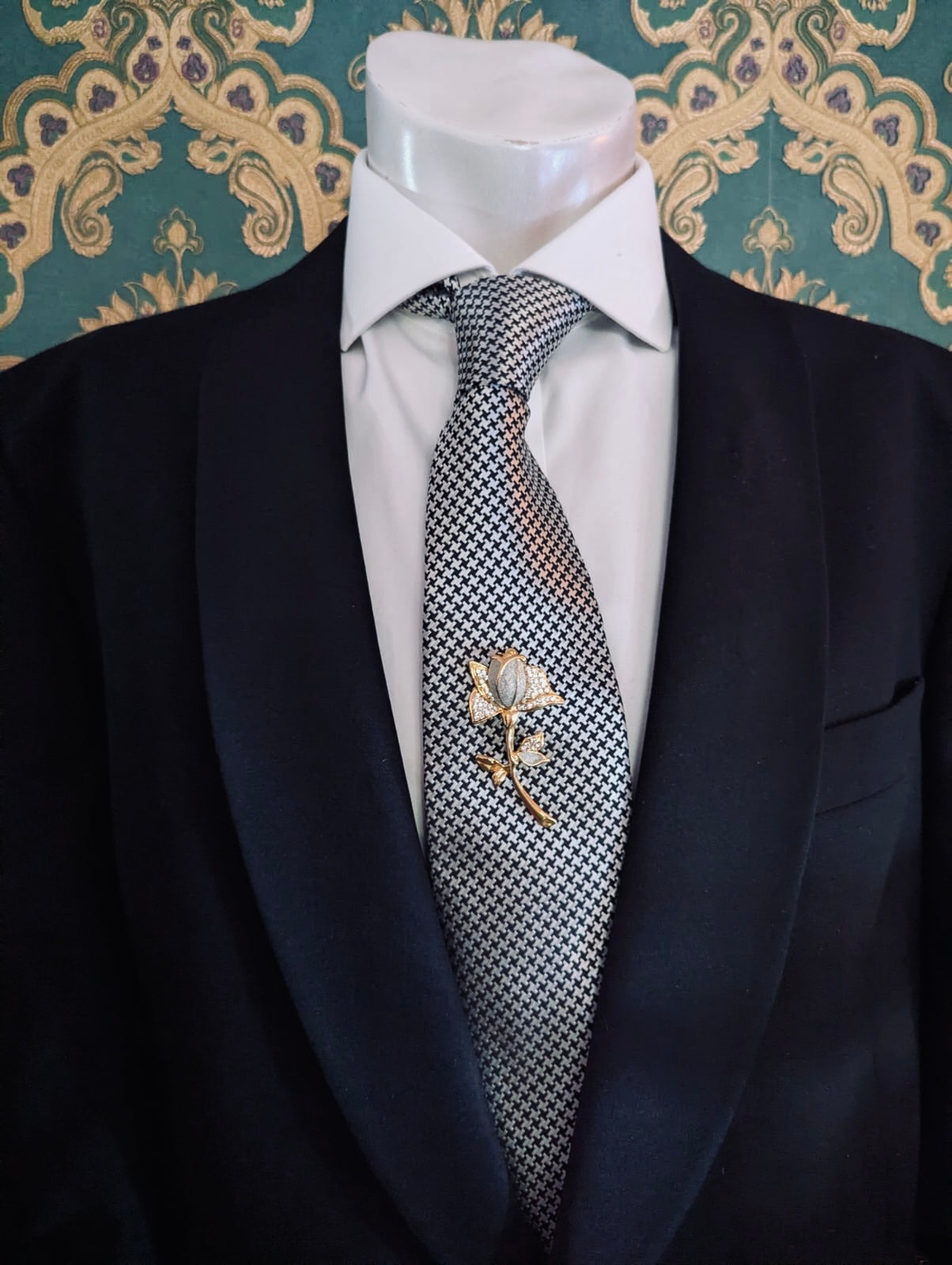 Broochella Men's Gilded Rose Vintage  Flower brooch pin silver enamel gold tone metal crystal leaves luxury designer