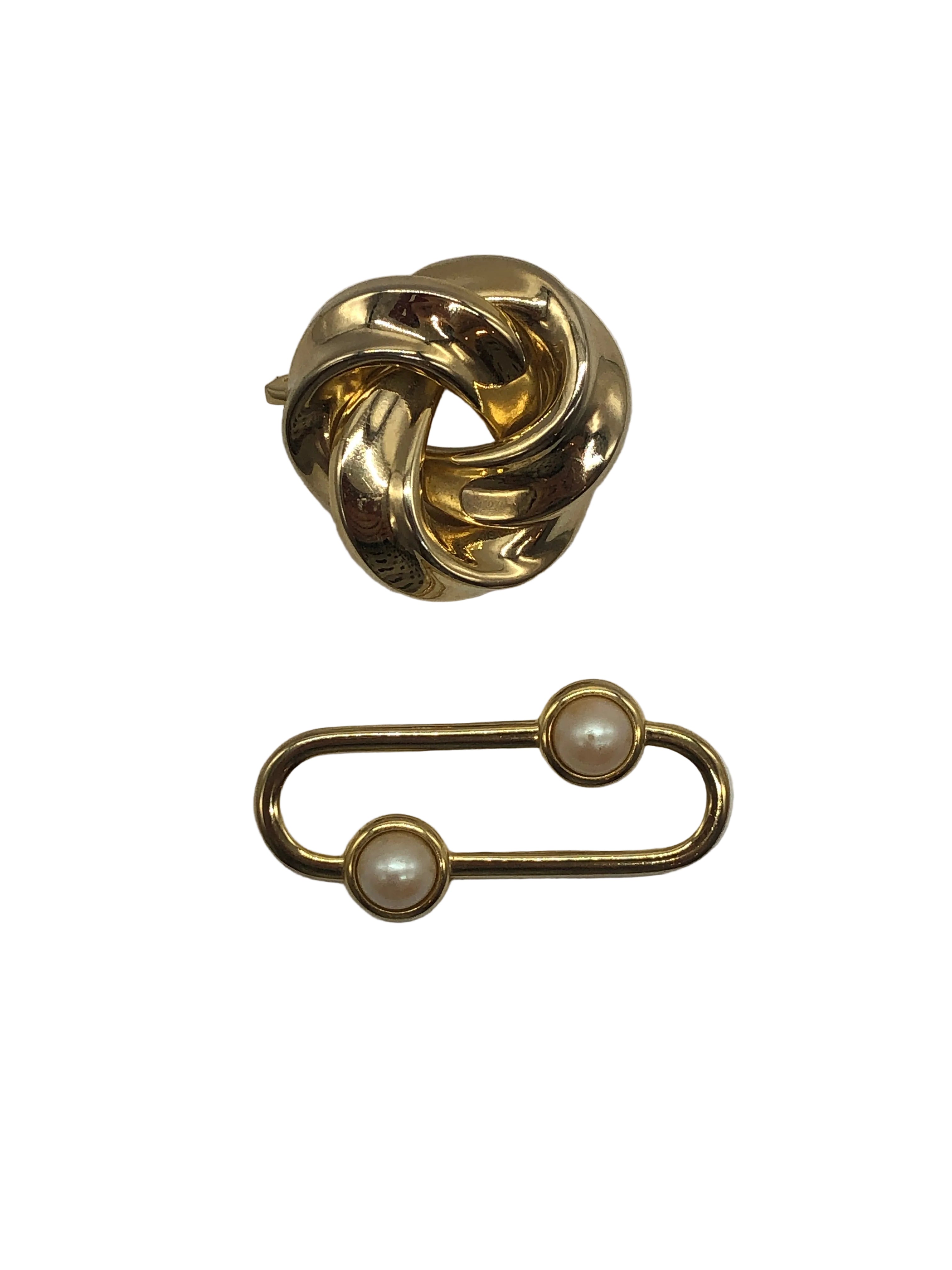 Noeud and Perle Vintage Brooch Duo Broochella gold tone metal men’s women’s luxury designer accessory