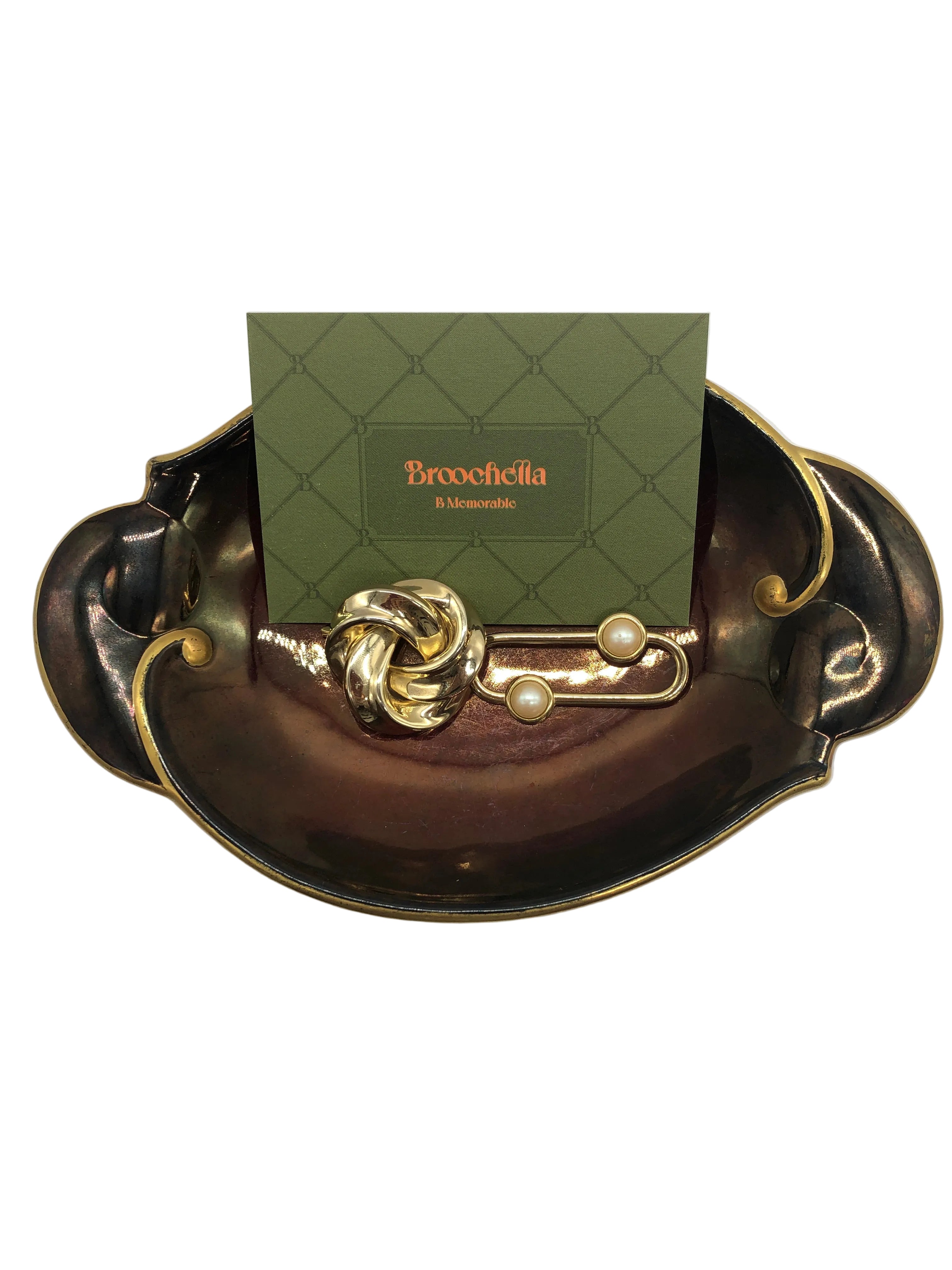 Noeud and Perle Vintage Brooch Duo Broochella gold tone metal men’s women’s luxury designer accessory