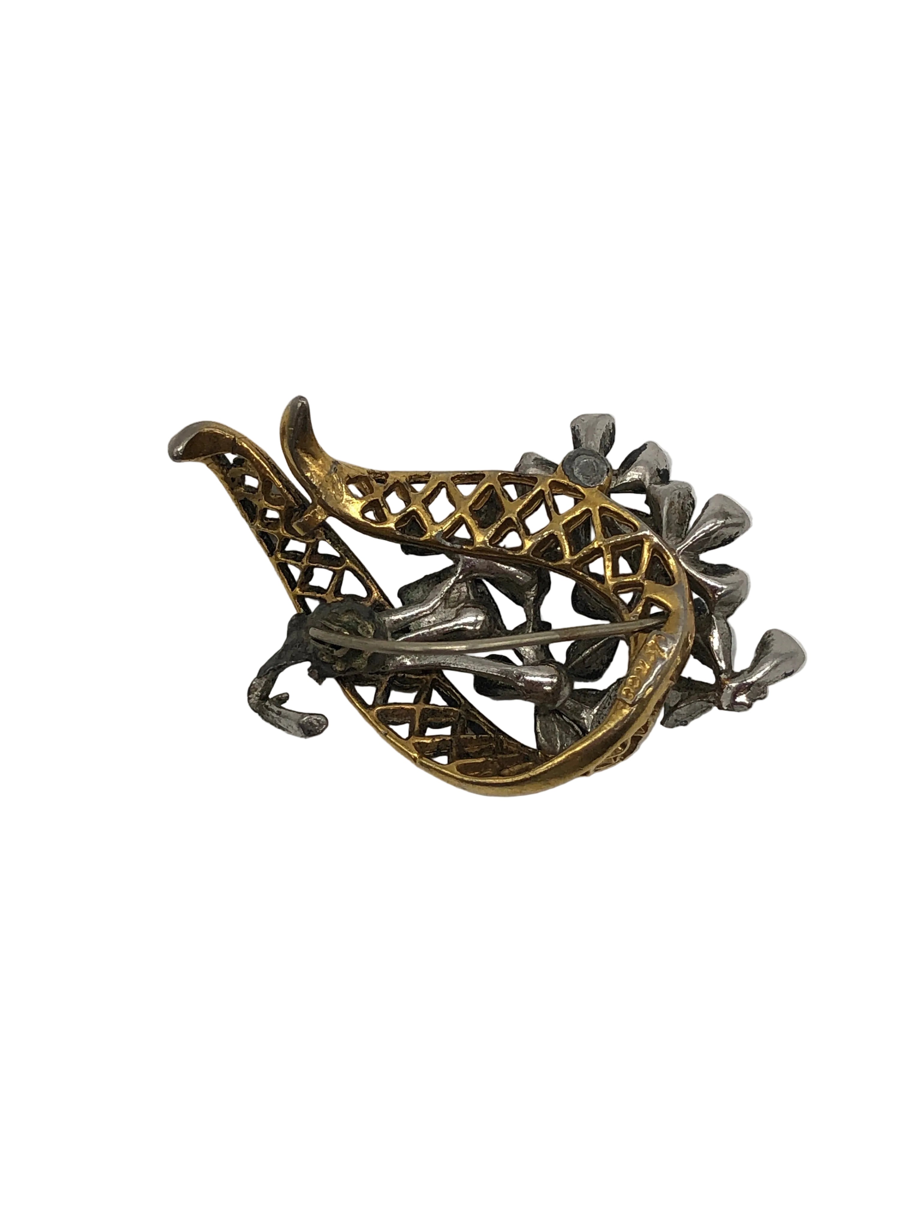 Broochella vintage floral brooch with silver tone flowers and gold lattice detail, two tone statement brooch sourced in Paris
