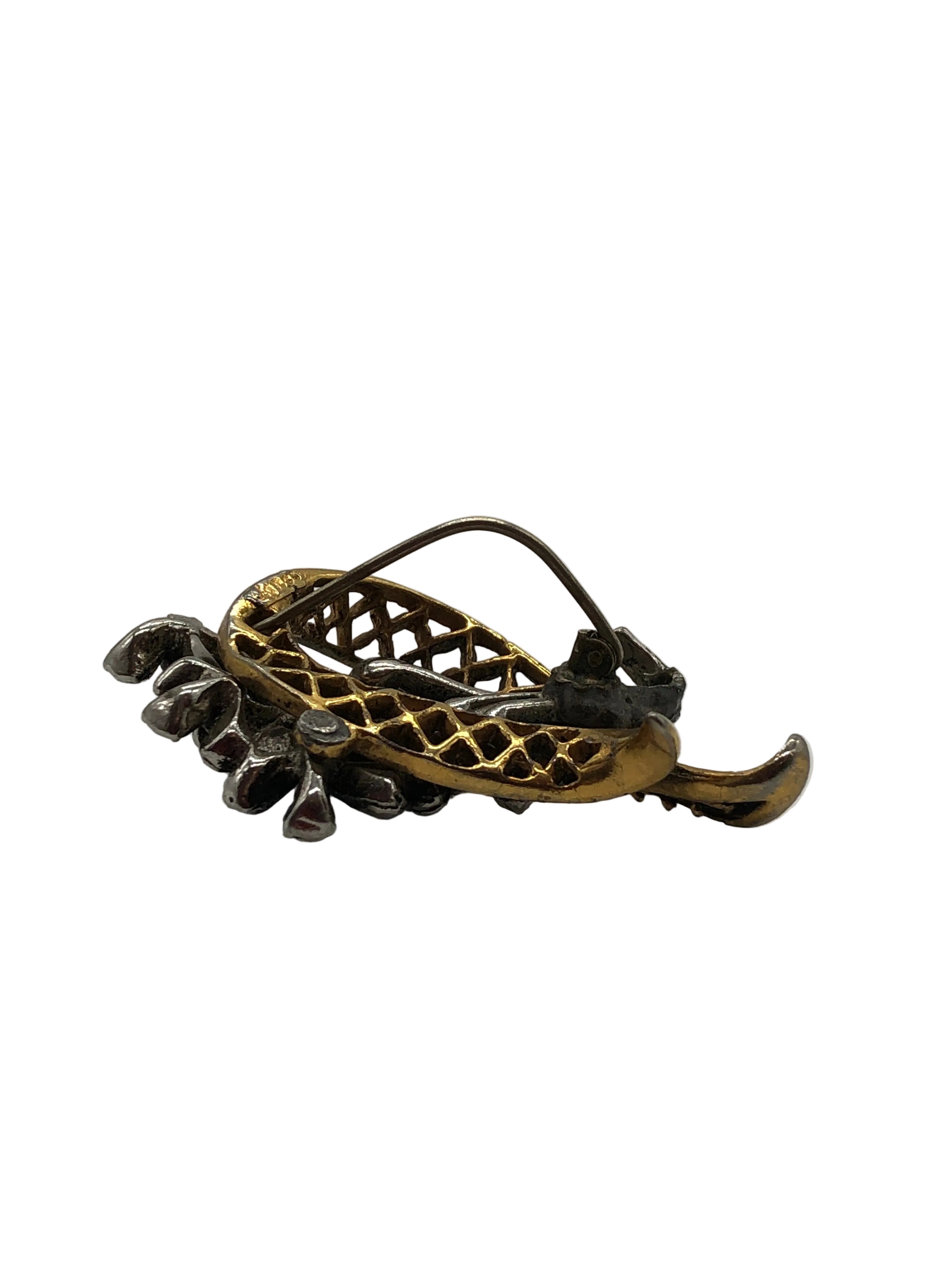 Broochella vintage floral brooch with silver tone flowers and gold lattice detail, two tone statement brooch sourced in Paris