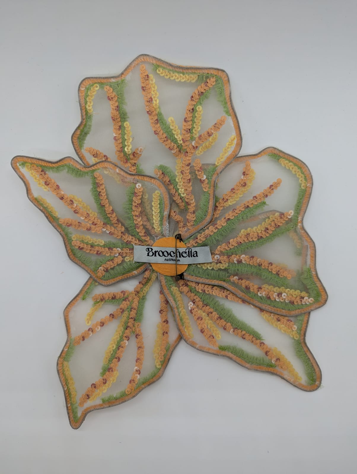 Broochella Giglio di Tigre large flower brooch pin hand beaded sequin silk handmade luxury designer women's orange green