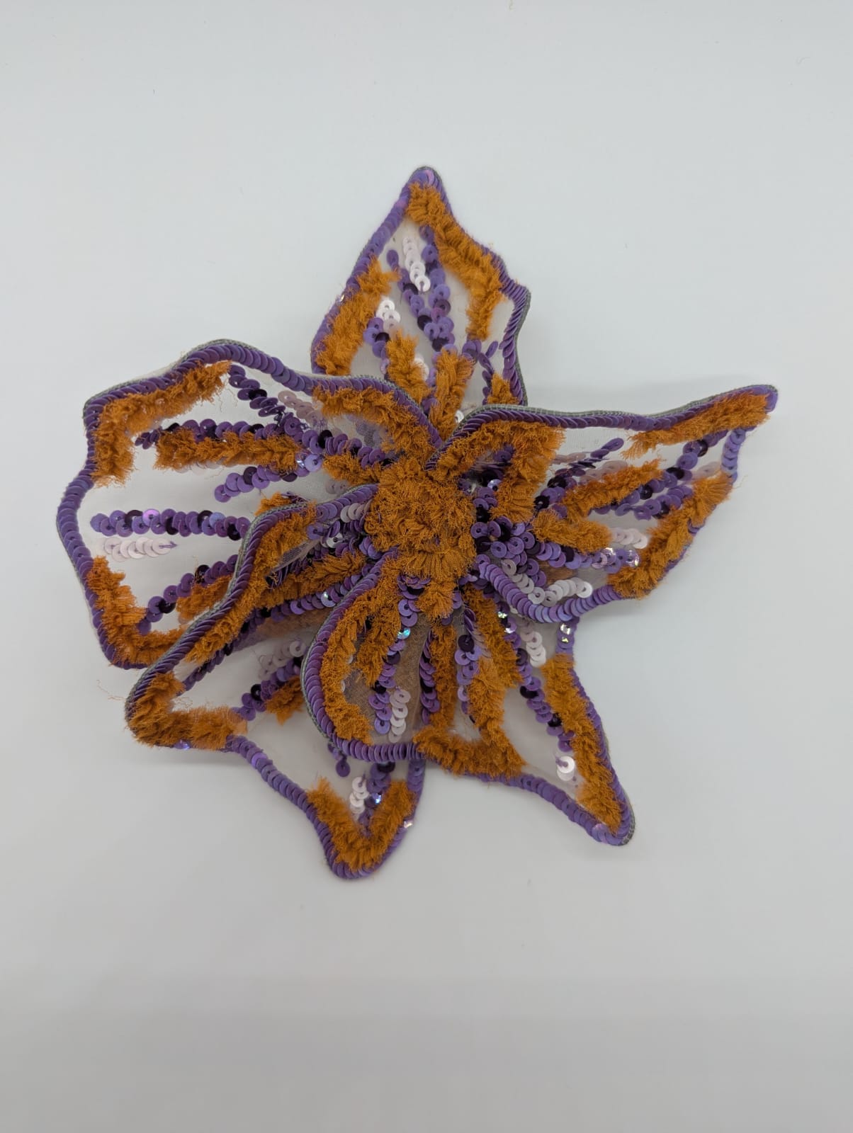 Broochella Giglio di Tigre small flower brooch pin hand beaded sequin silk handmade luxury designer women's purple orange