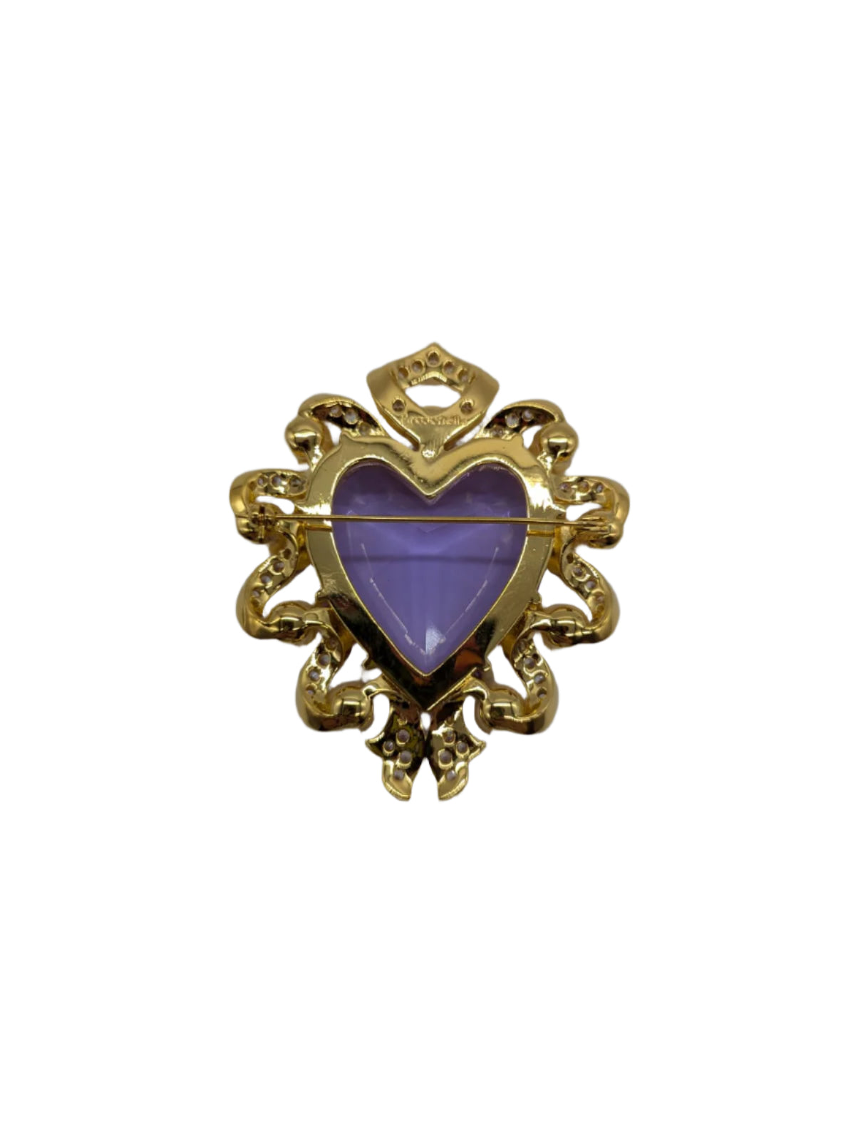 Broochella Giulietta e Romeo Juliet and Romeo heart brooch pin gold tone metal rhinestones lilac stone luxury designer 