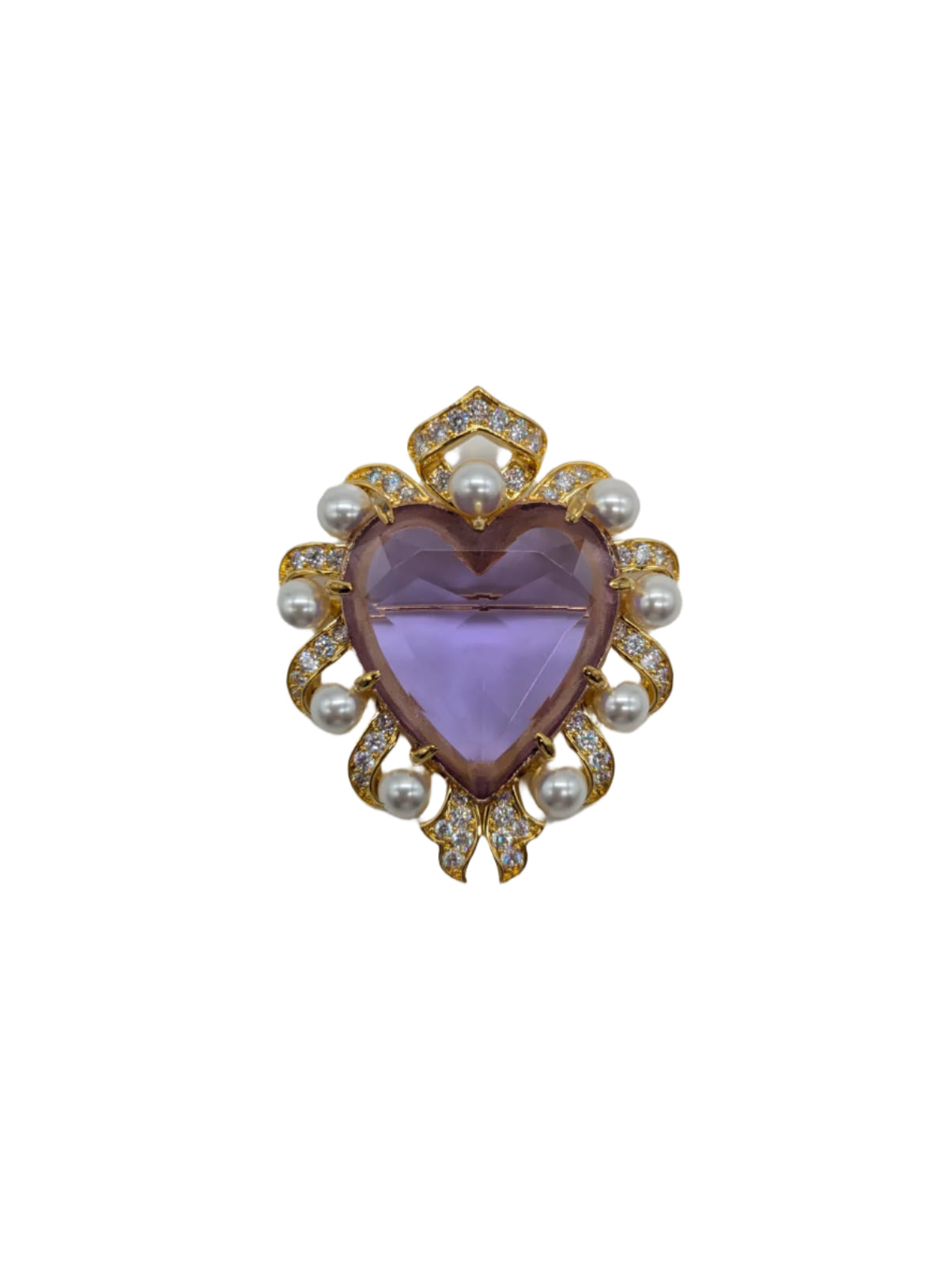 Broochella Giulietta e Romeo Juliet and Romeo heart brooch pin gold tone metal rhinestones lilac stone luxury designer 