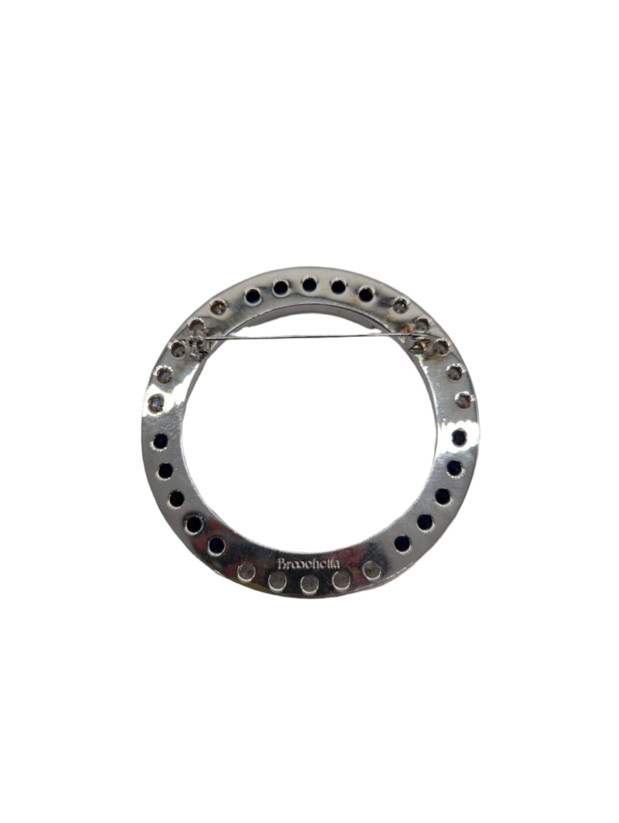 Broochella Full moon round brooch pin silver tone metal blue clear crystal men's women's desgner luxury