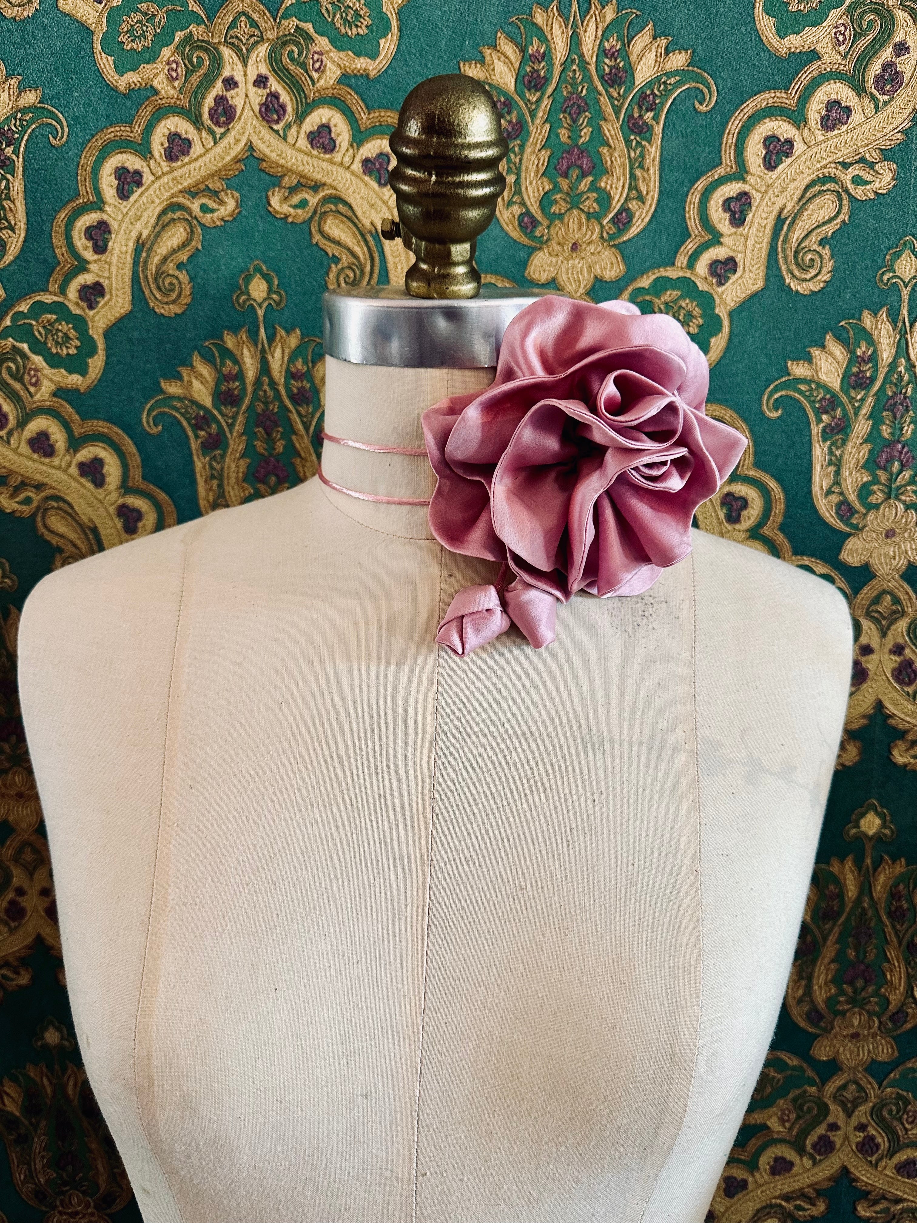 Broochella Rosetta flower brooch pin choker satin handmade luxury designer handmade men's women's accessory pink