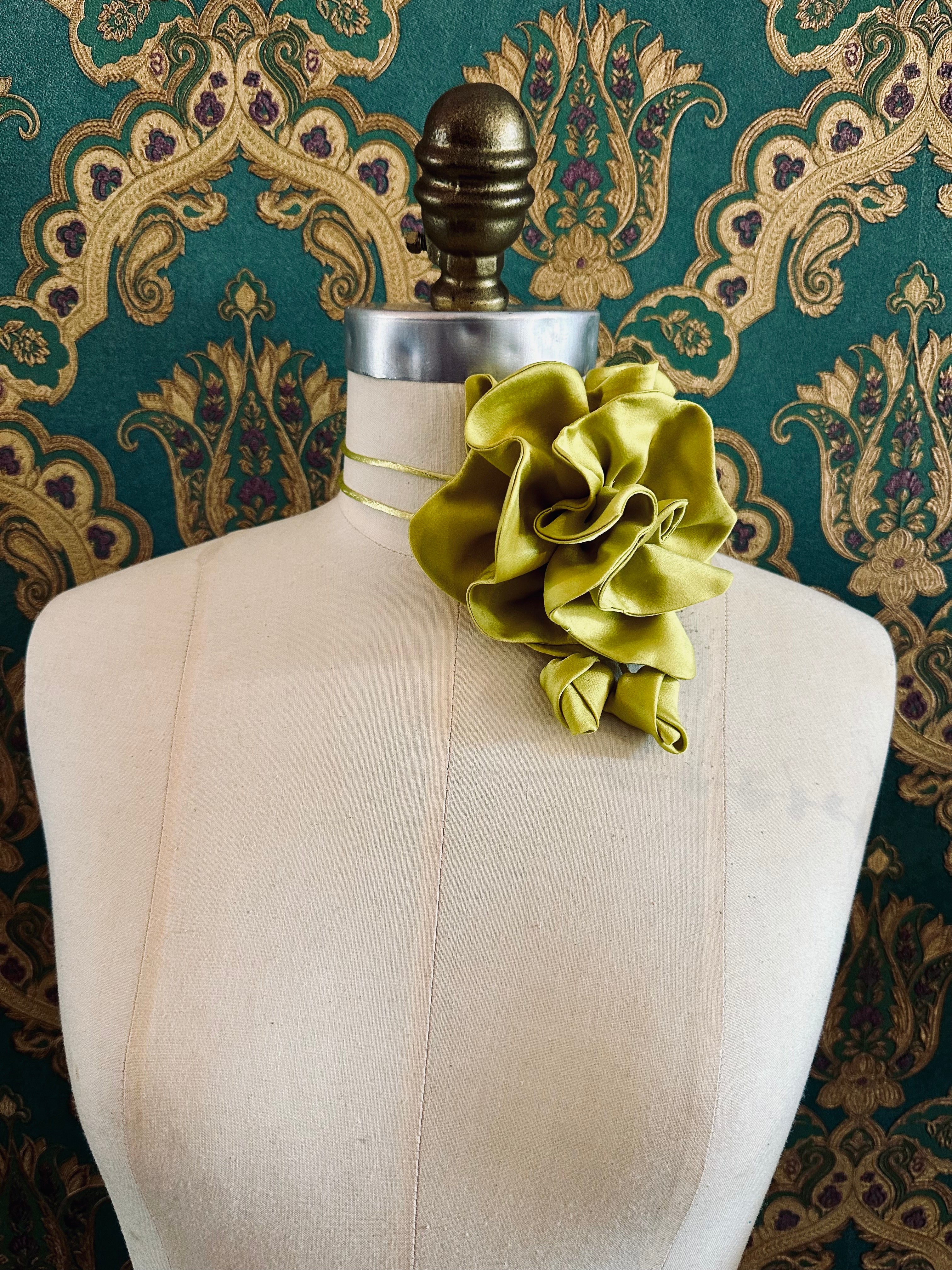 Broochella Rosetta flower brooch pin choker satin handmade luxury designer handmade men's women's accessory chartreuse