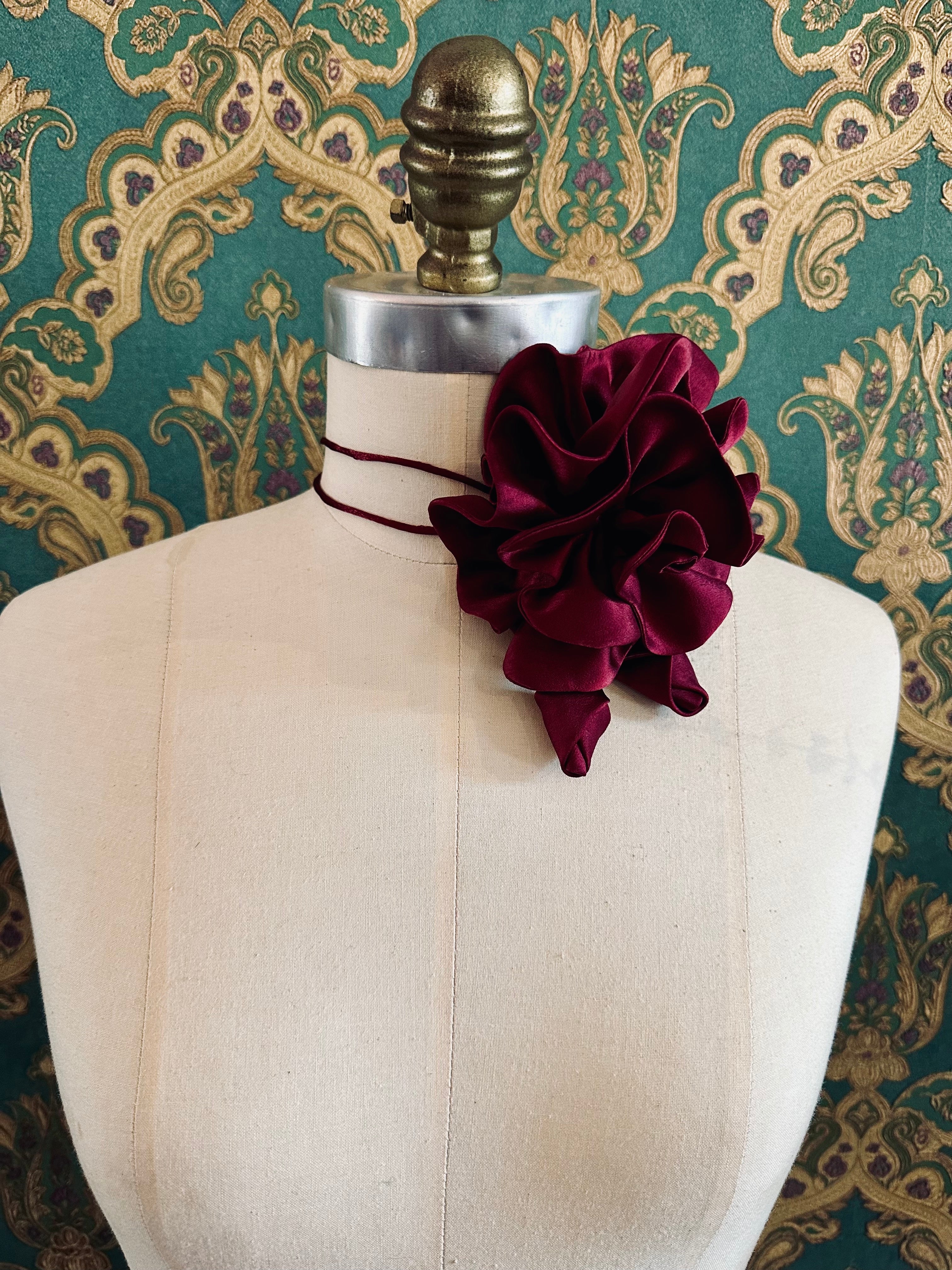 Broochella Rosetta flower brooch pin choker satin handmade luxury designer handmade men's women's accessory burgundy