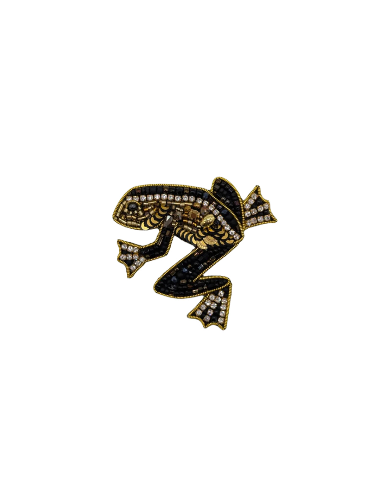 Broochella Rana Frog brooch pin metallic gold black hand beaded sequin handmade designer luxury 