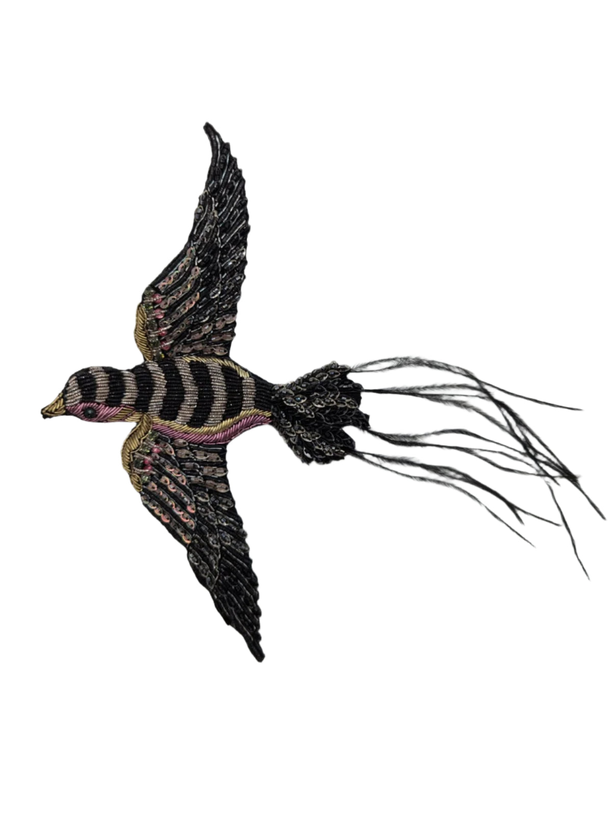 Broochella Rondine bird brooch pin Hand beaded sequin handmade black pink feathers men's women's luxury designer