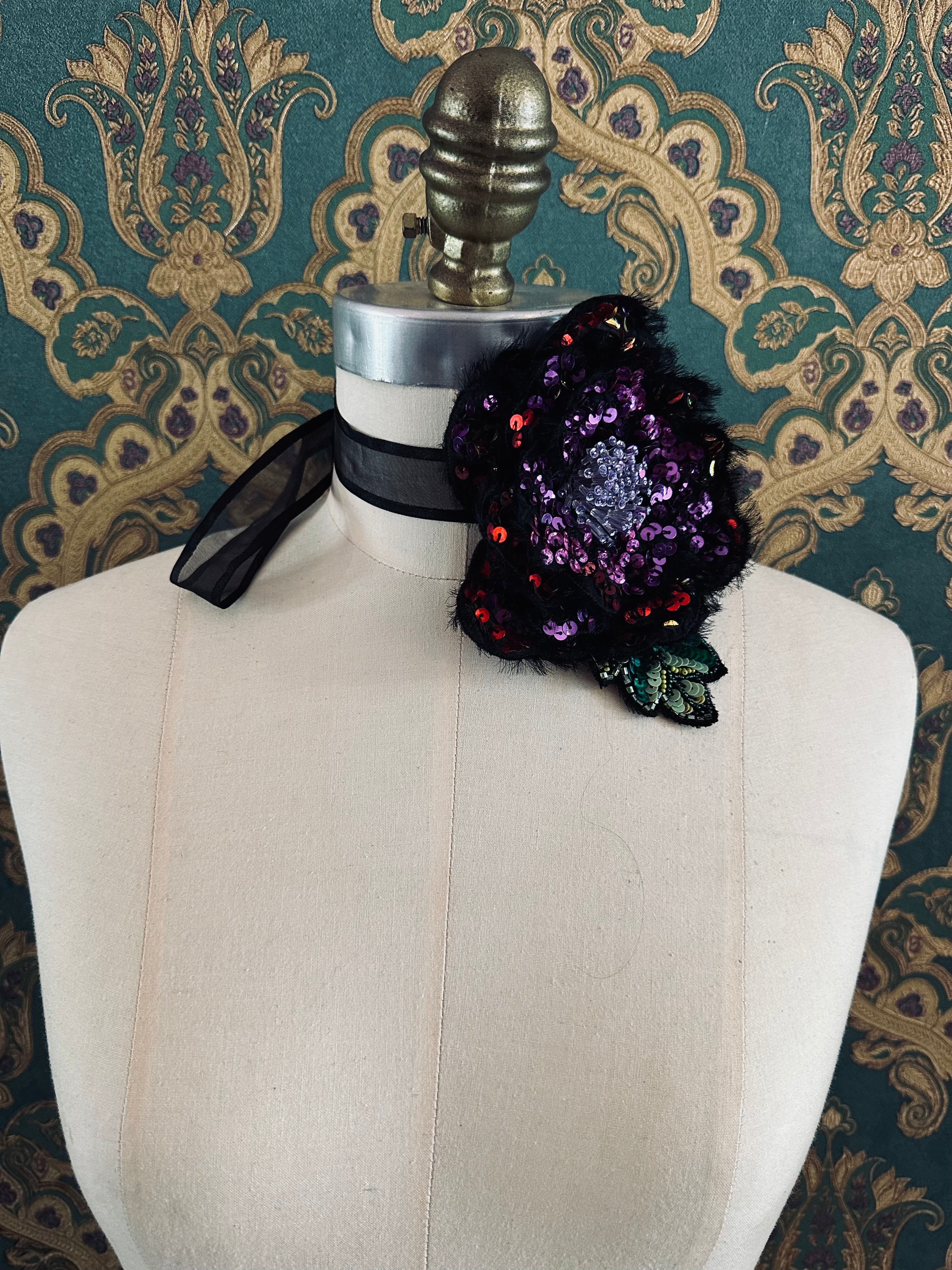 Broochella Luminosa flower choker brooch pin small black pink hand beaded sequin handmade designer luxury women’s accessory