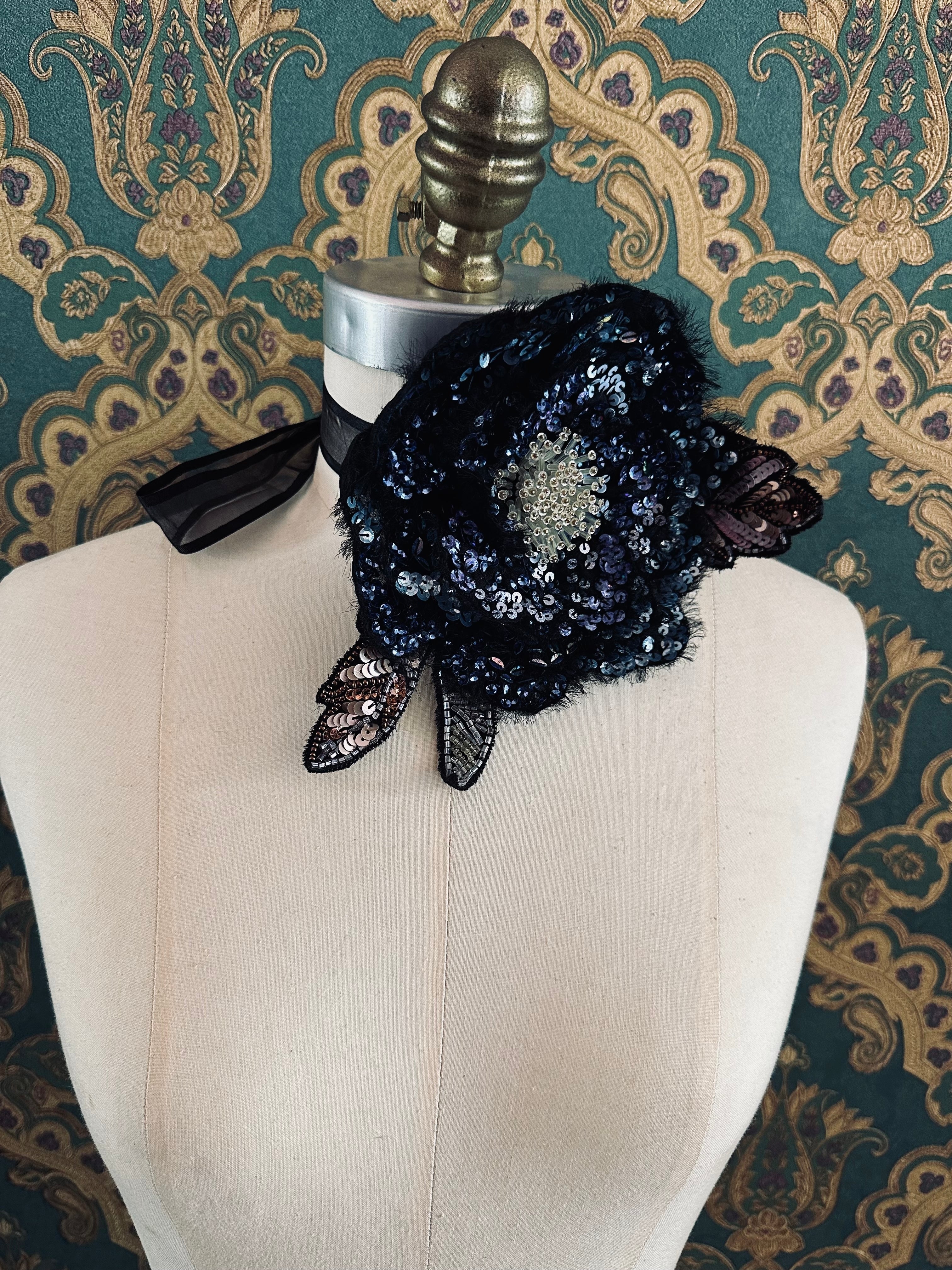 Broochella Luminosa flower choker brooch pin large blue black hand beaded sequin handmade designer luxury women’s 