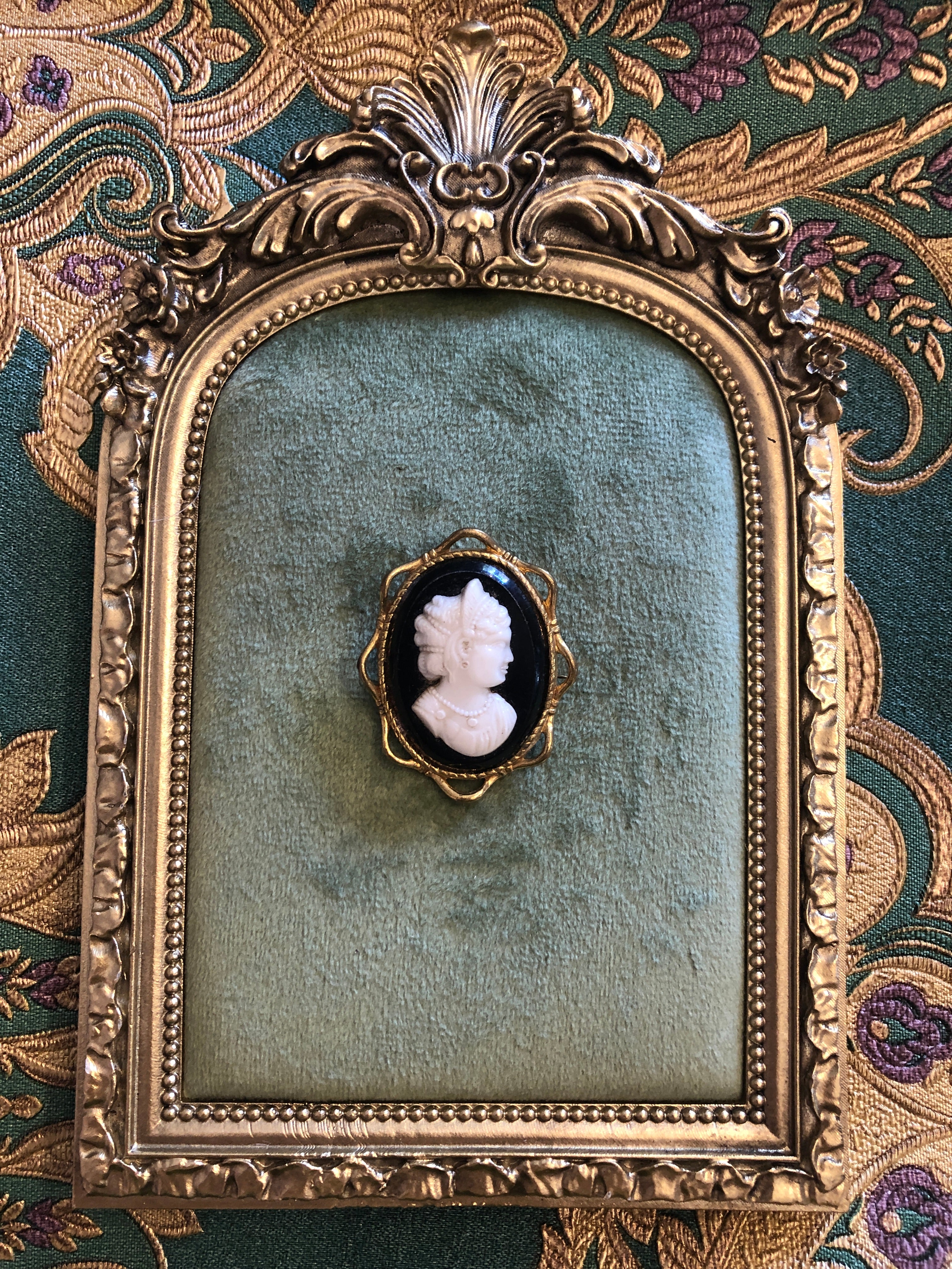 A 4cm x 3cm vintage black and white cameo brooch featuring a carved white relief classical portrait of a noblewoman in profile with elaborate feathered and pearl upswept hair and a pearl necklace, set on a deep black oval ground within a gold-tone openwork filigree frame. On a green velvet tray with an ornate gold frame. The background is green and gold damask wallpaper