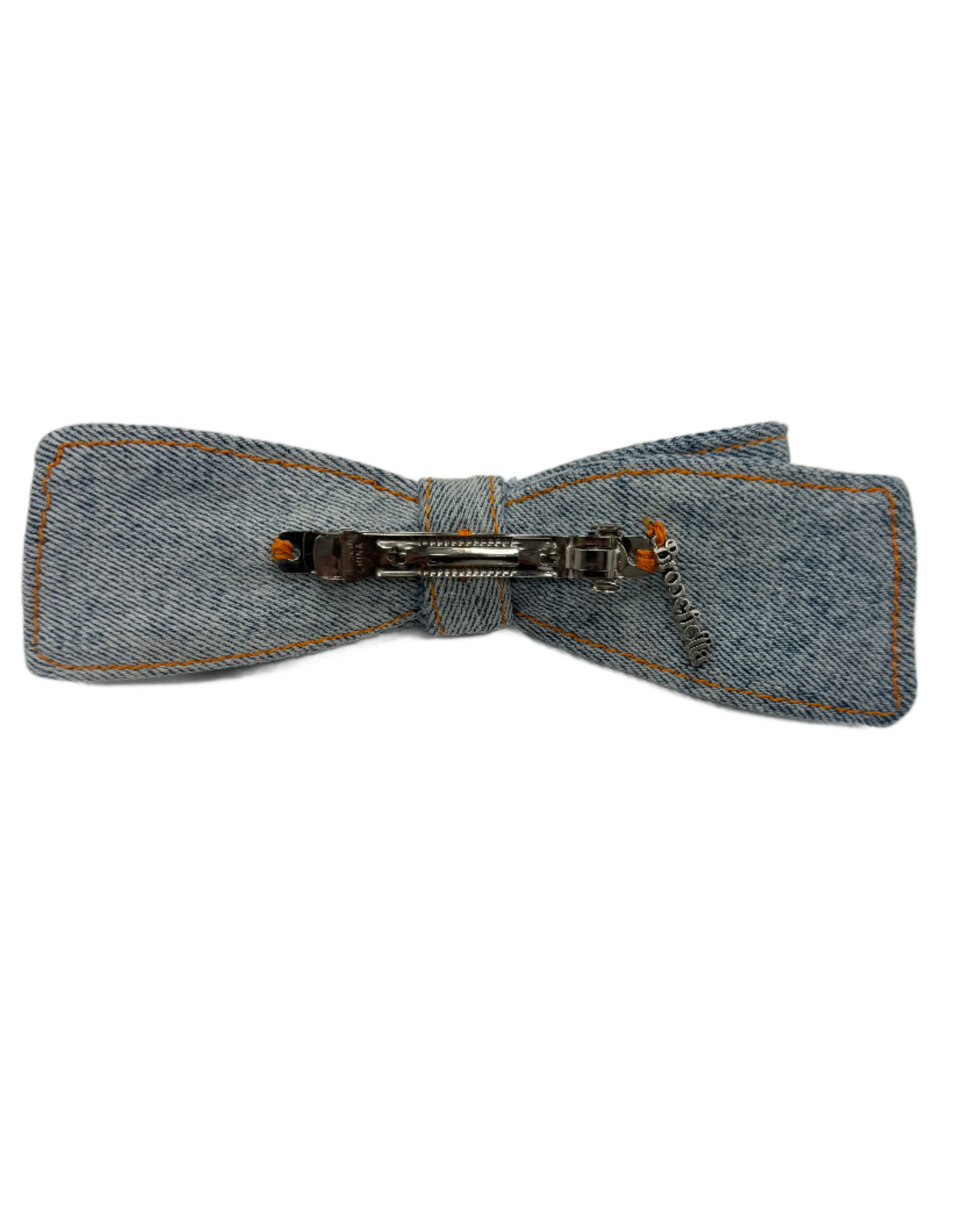 Broochella light blue wash denim bow hair clip handmade upcycled jeans women’s designer luxury 