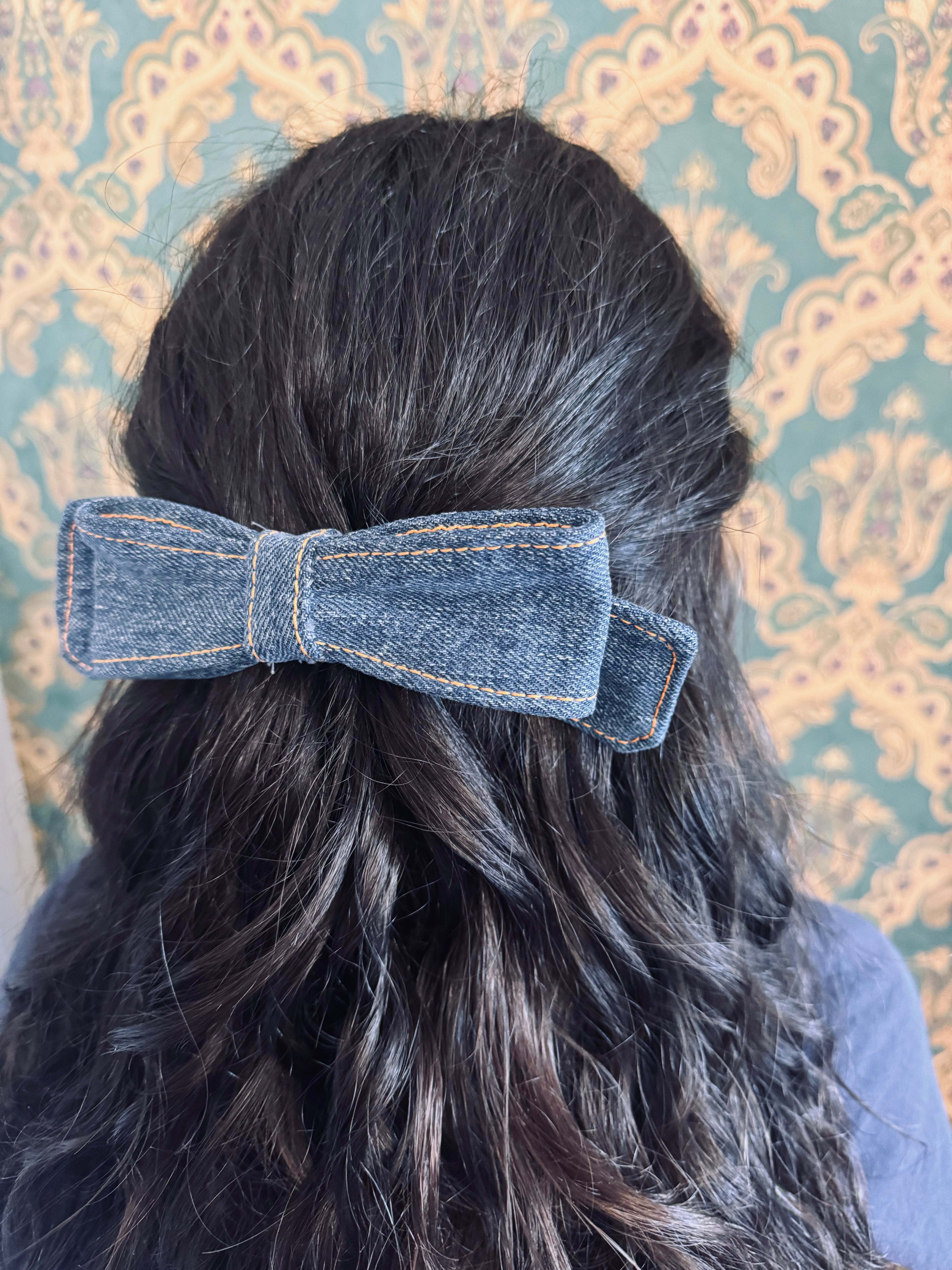 Broochella Hair clip mid wash blue denim handmade upcycled jeans designer luxury