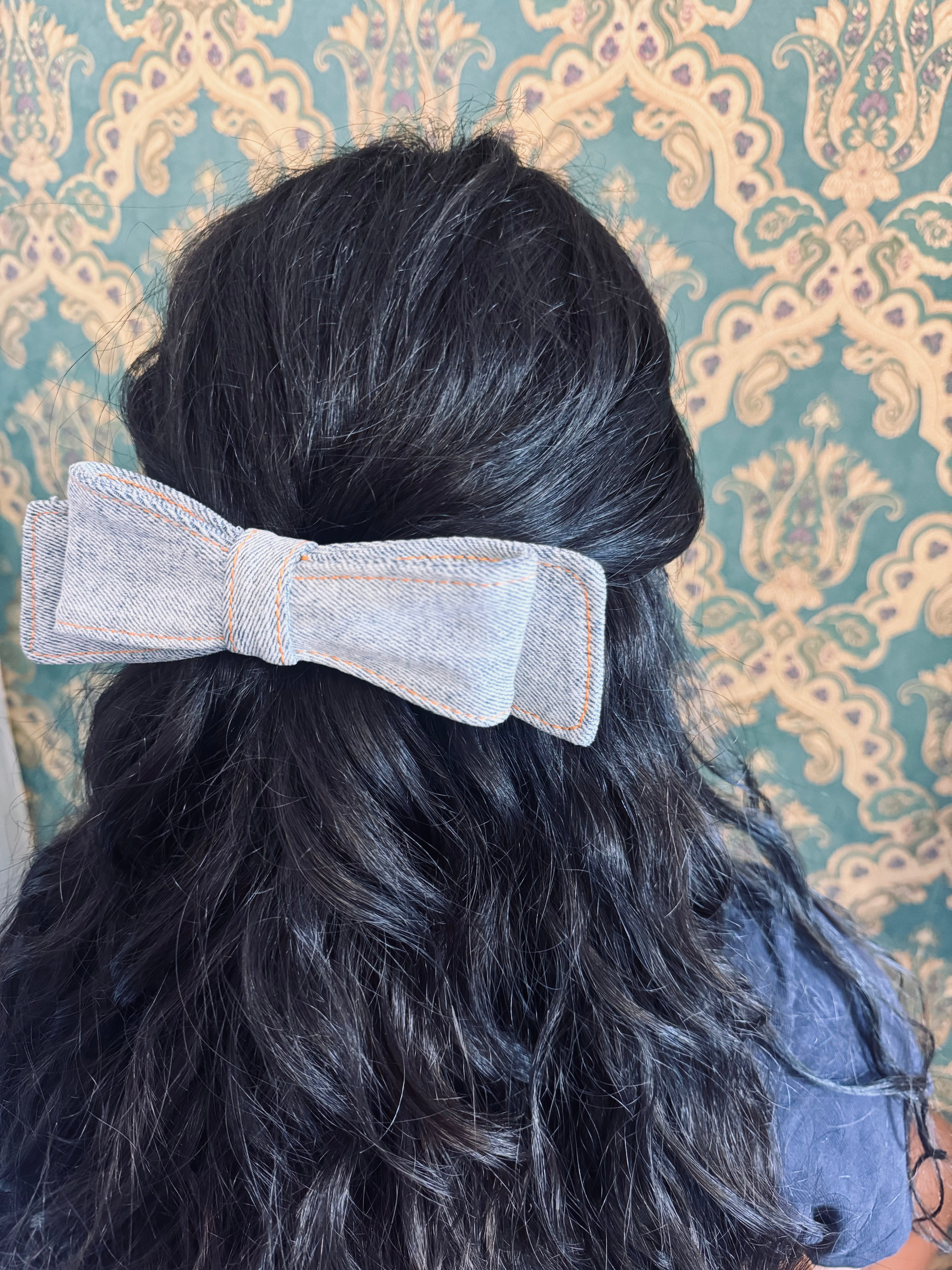 Broochella light blue denim small bow hair clip handmade upcycled jeans designer women’s 