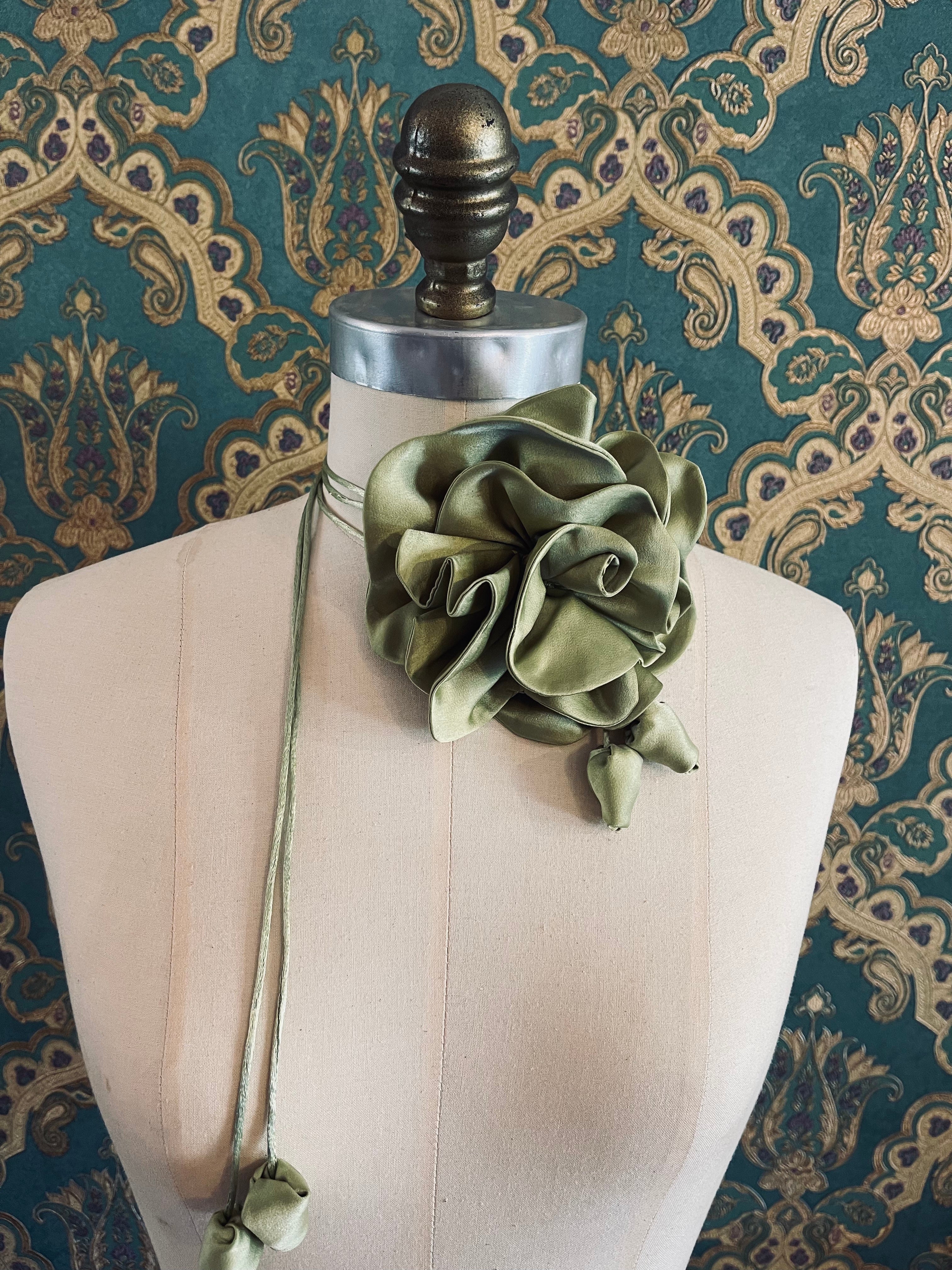 Broochella Rosetta flower brooch pin choker satin handmade luxury designer handmade men's women's accessory avocado green