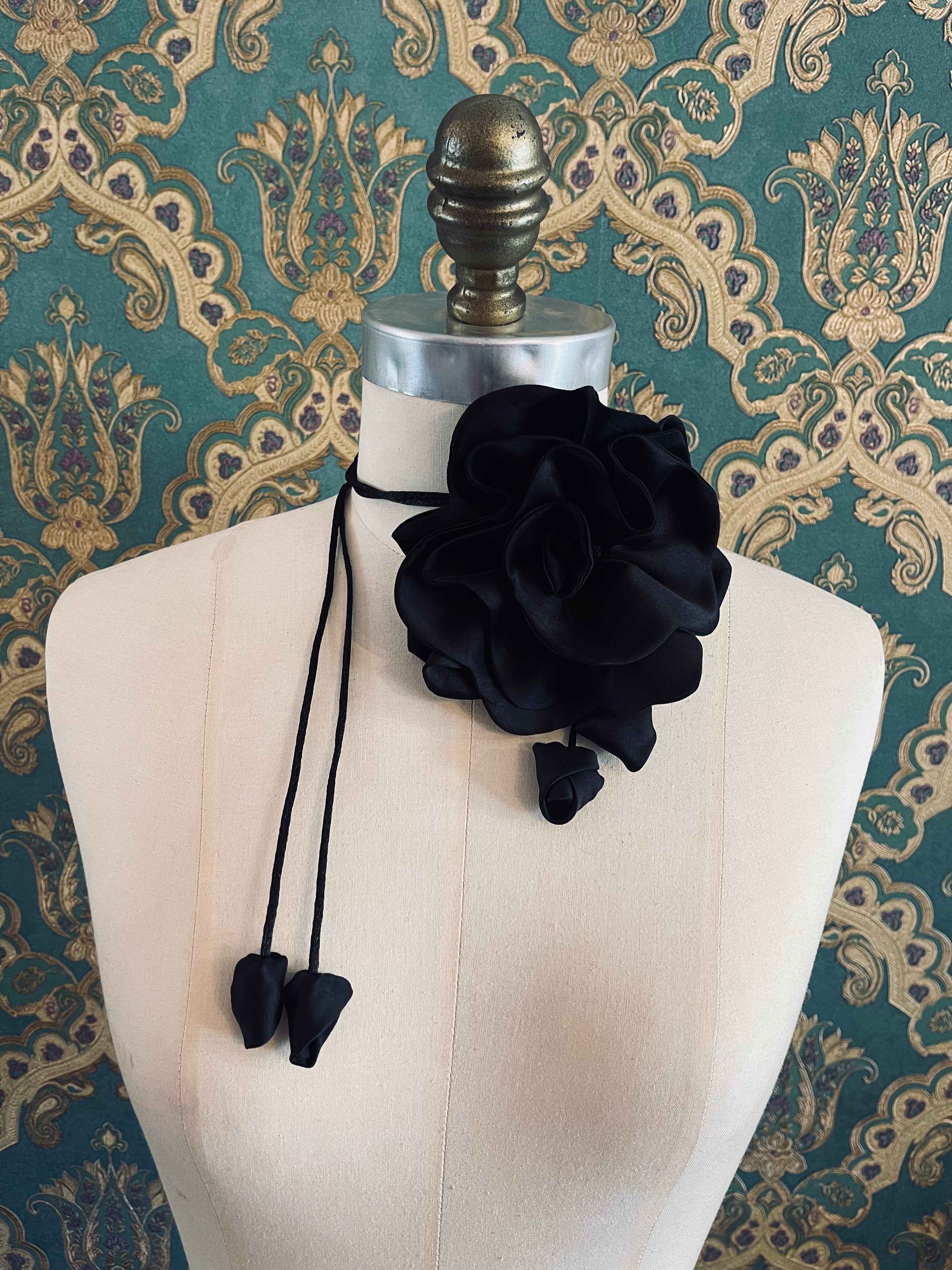 Broochella Rosetta flower brooch pin choker satin handmade luxury designer handmade men's women's accessory black