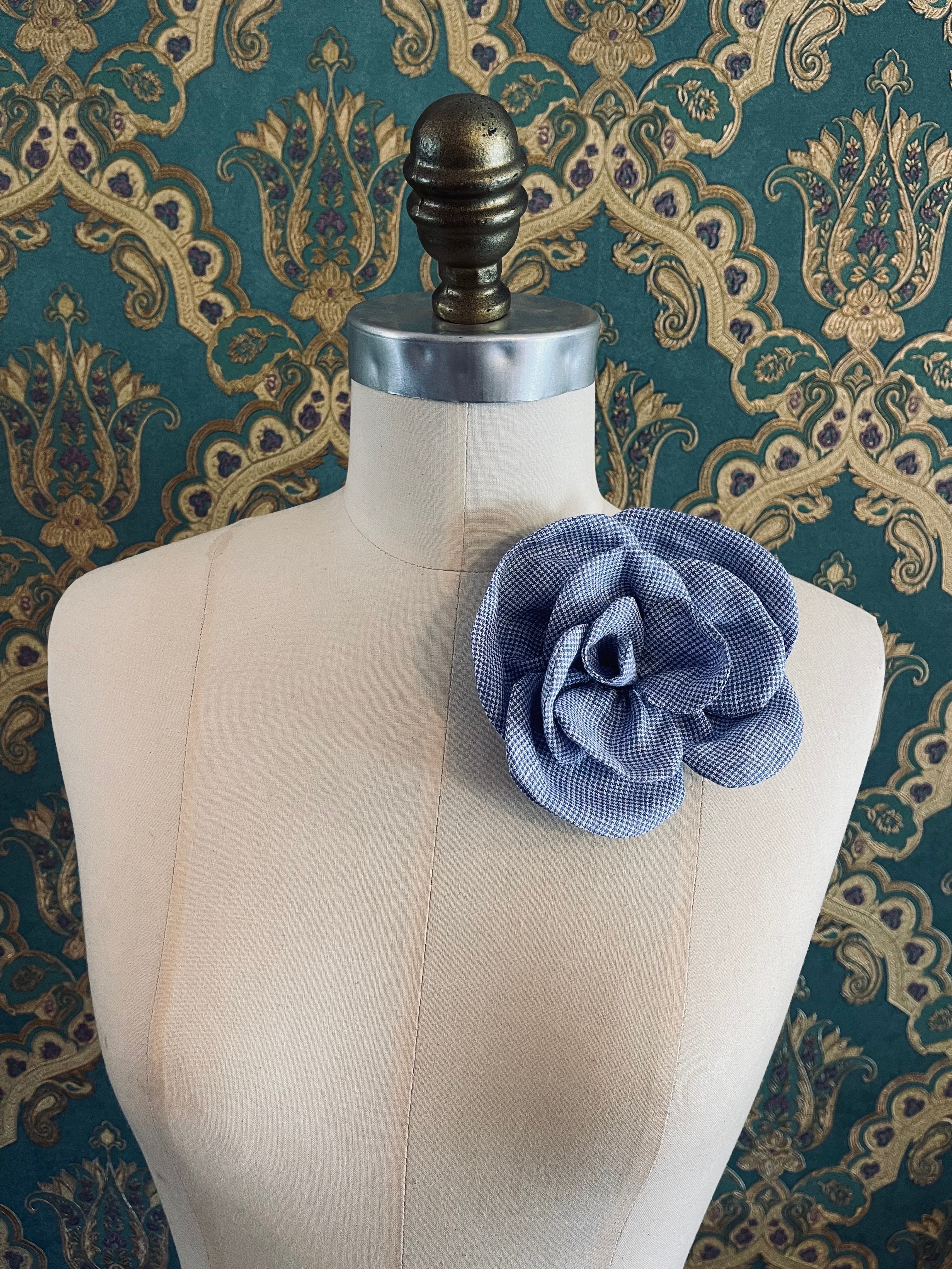 Broochella Florella small flower brooch pin  linen handmade luxury designer women’s men’s accessory blue check