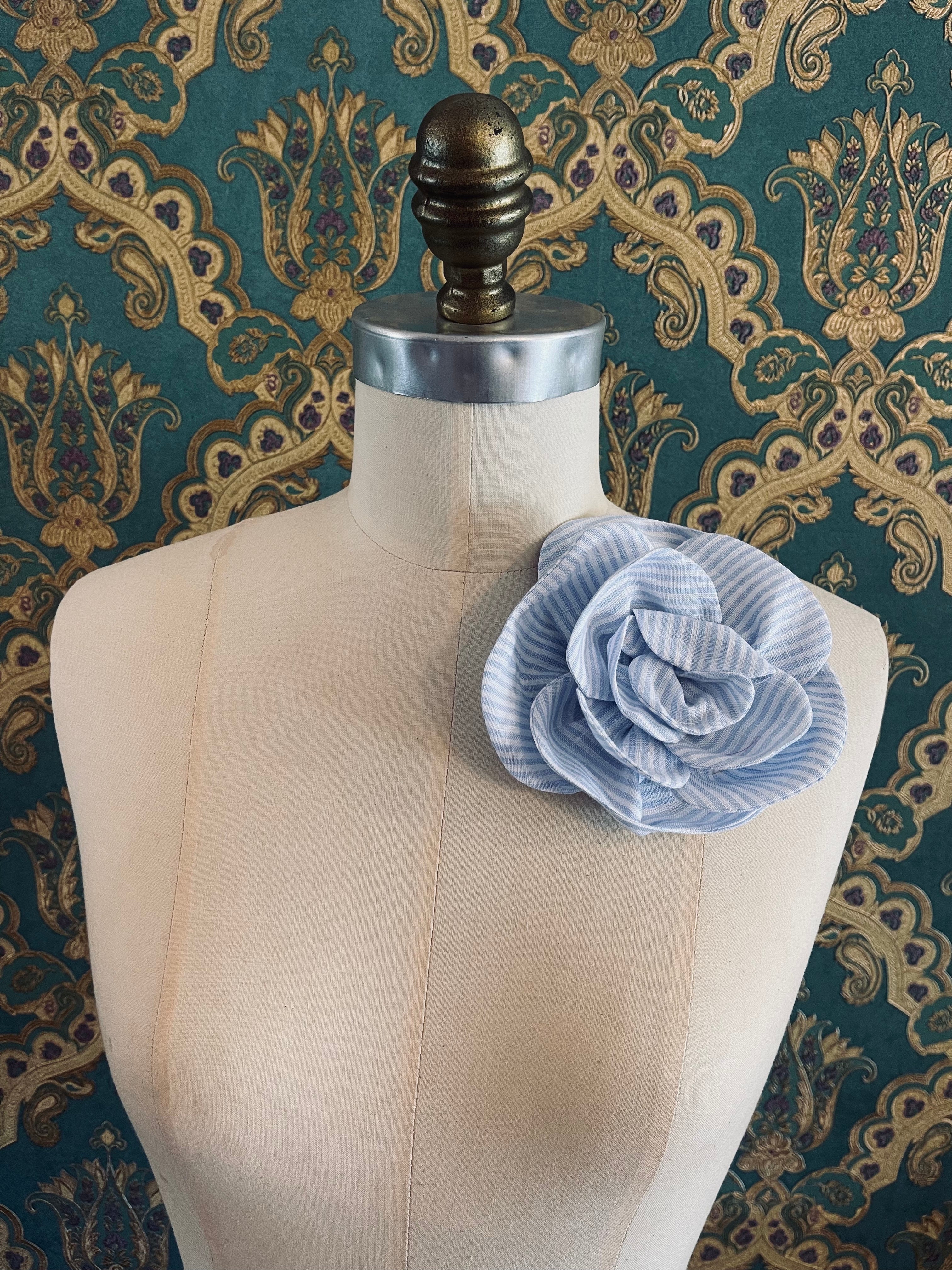 Broochella Florella small flower brooch pin  linen handmade luxury designer women’s men’s accessory blue and white stripes