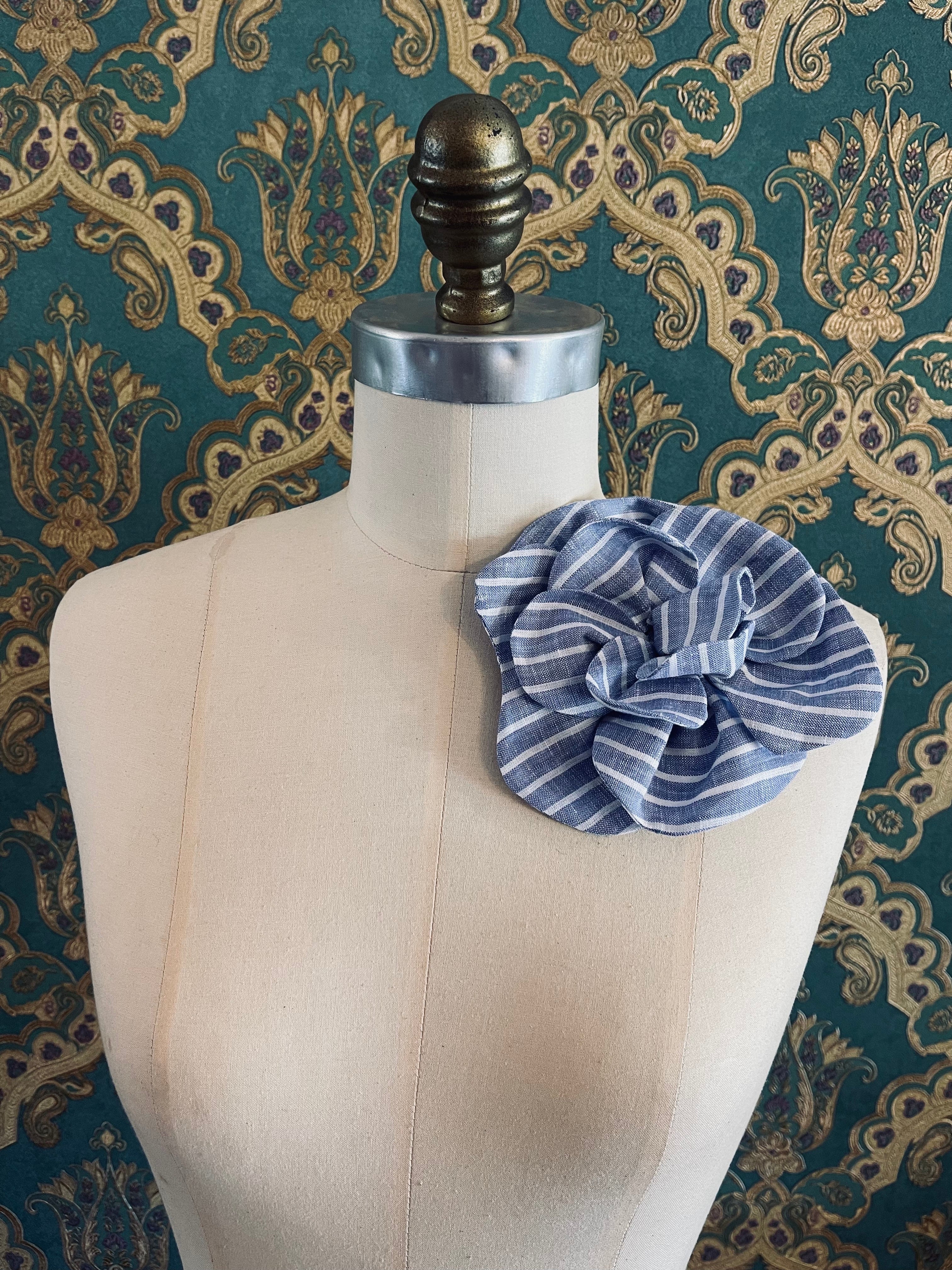 Broochella Florella small flower brooch pin  linen handmade luxury designer women’s men’s accessory blue and white stripes
