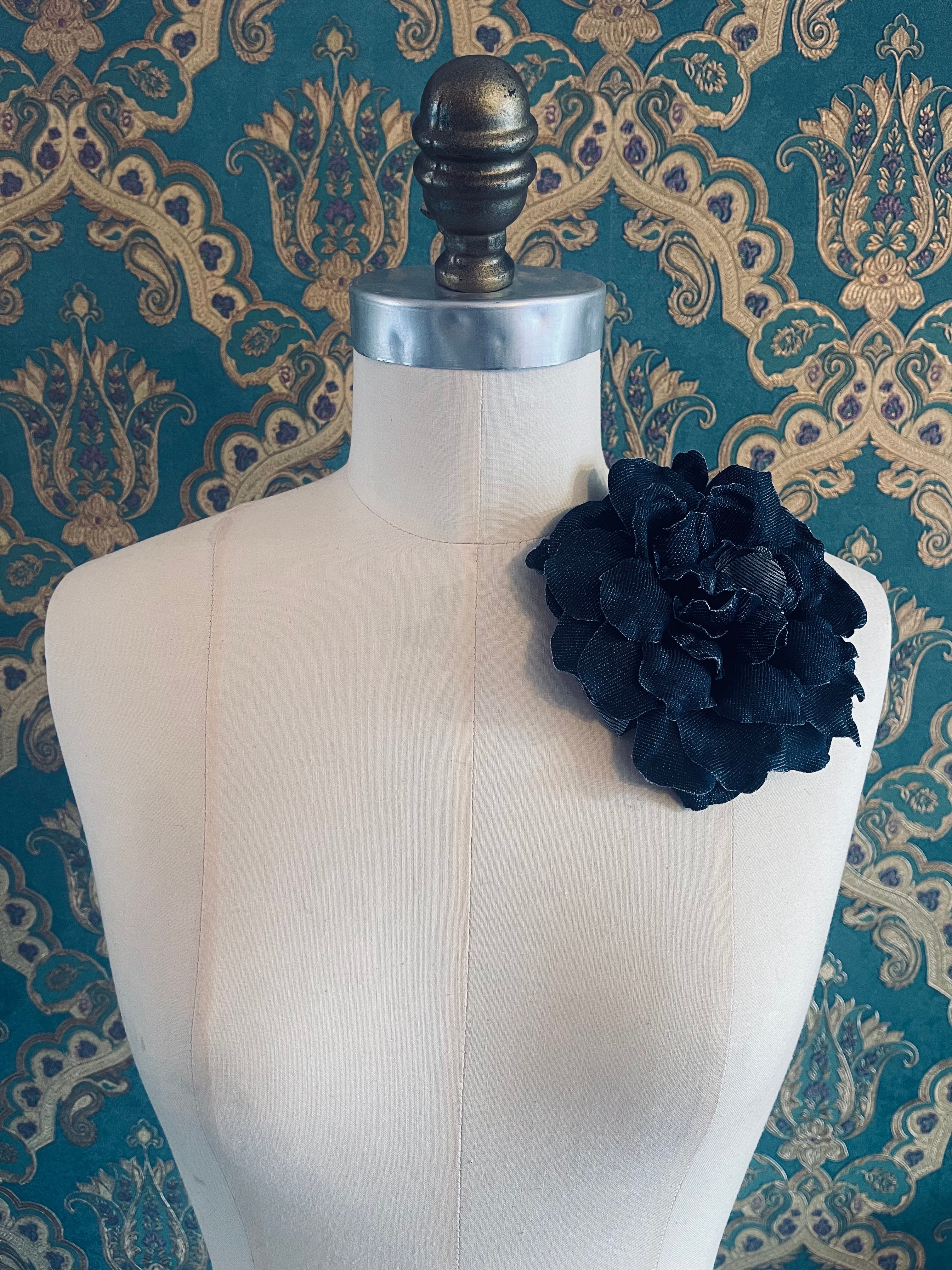 Broochella Pervinca flower brooch pin dark wash blue upcycled denim handmade luxury designer men's women's 