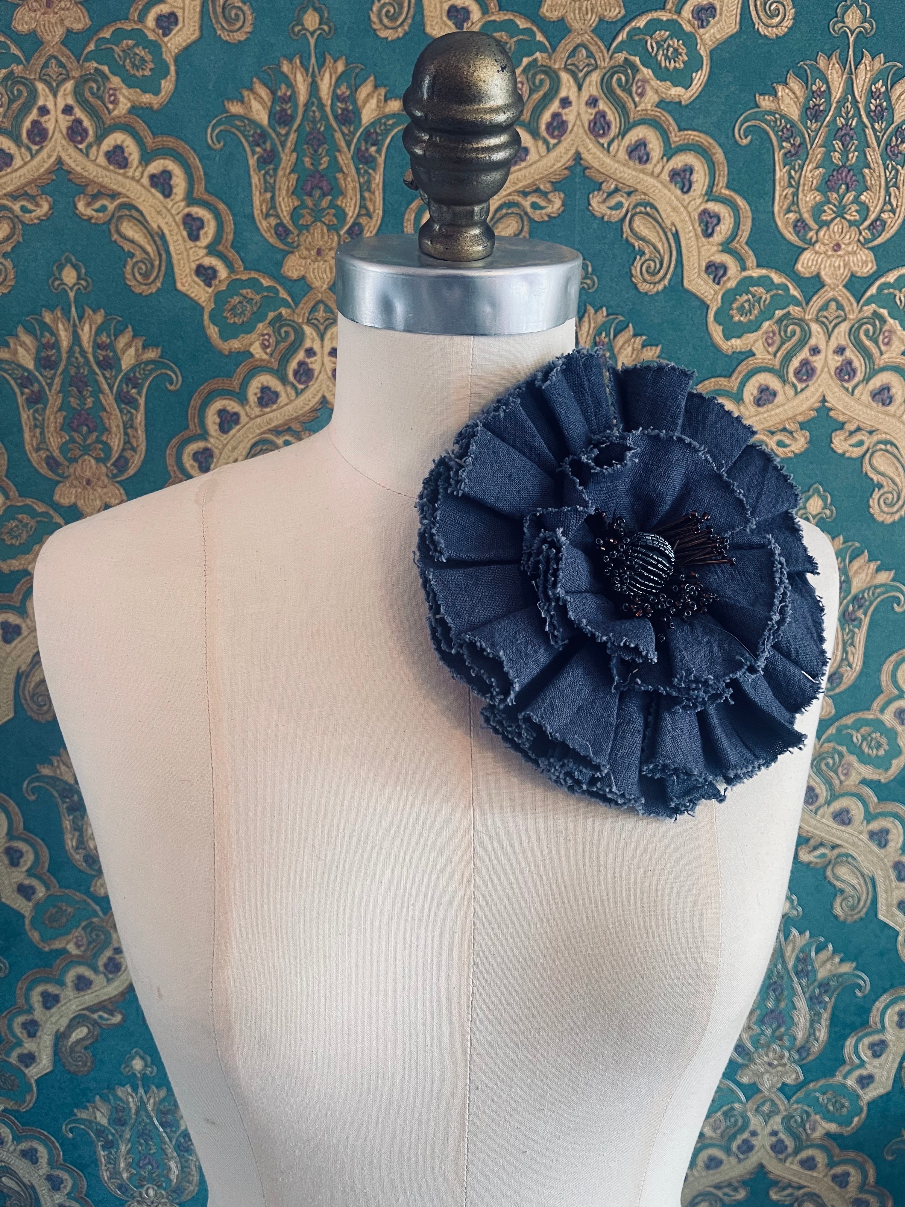 Broochella Fiordaliso blue large flower brooch pin cotton hand beaded embellishment handmade luxury designer women’s men’s 17 cm accessory
